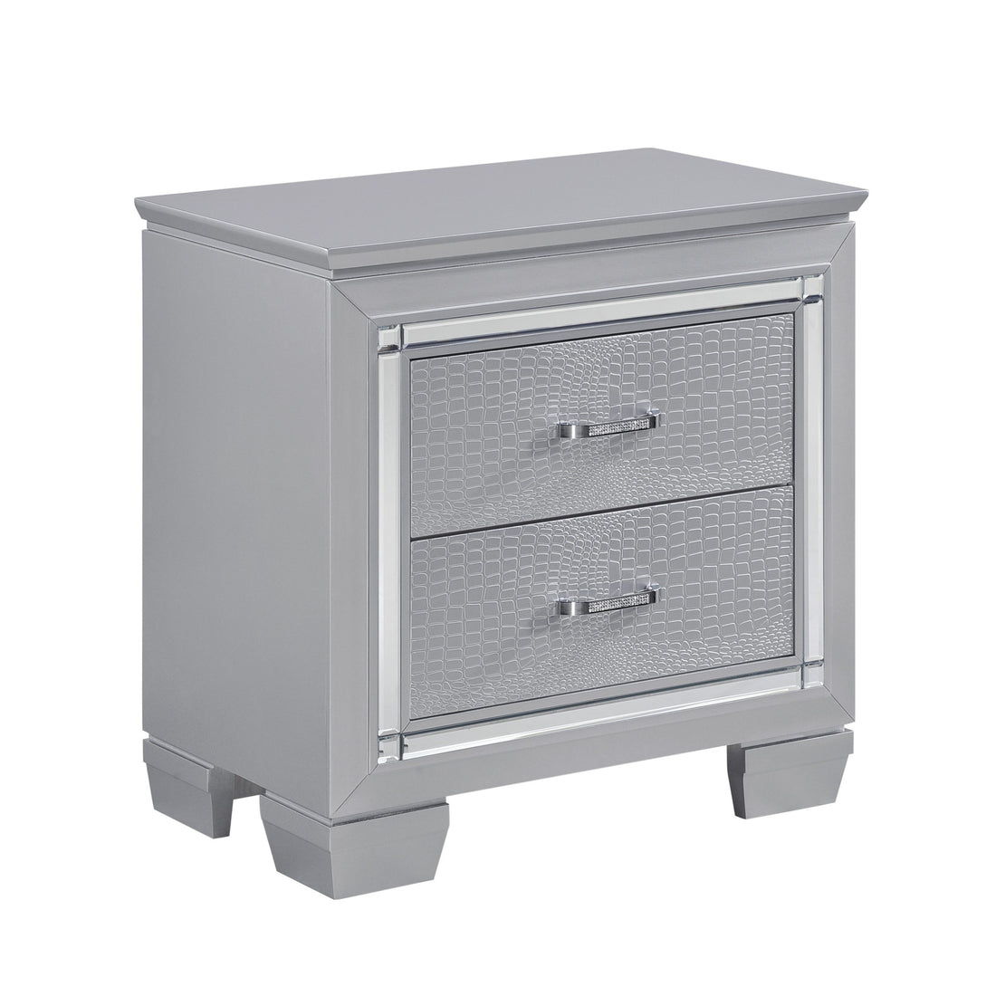 Glamourous Silver Finish 1Pc Nightstand 2X Dovetail Drawers Faux Alligator Embossed Fronts Bedroom Furniture Silver 2 Drawers Bedroom Glam,Modern Solid Wood