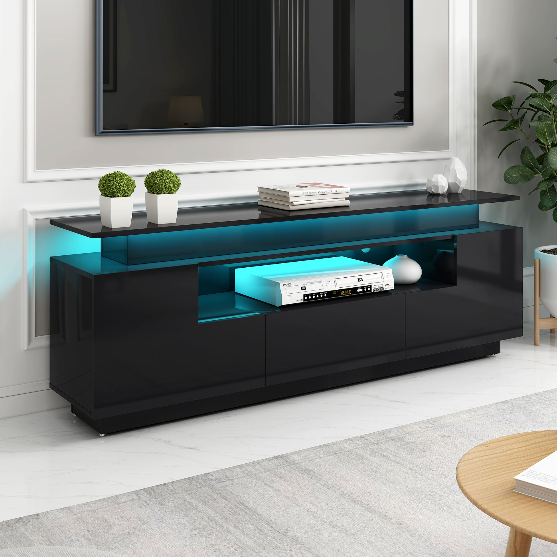 Modern, Stylish Functional Tv Stand With Color Changing Led Lights, Universal Entertainment Center, High Gloss Tv Cabinet For 75 Inch Tv, Black Black Particle Board