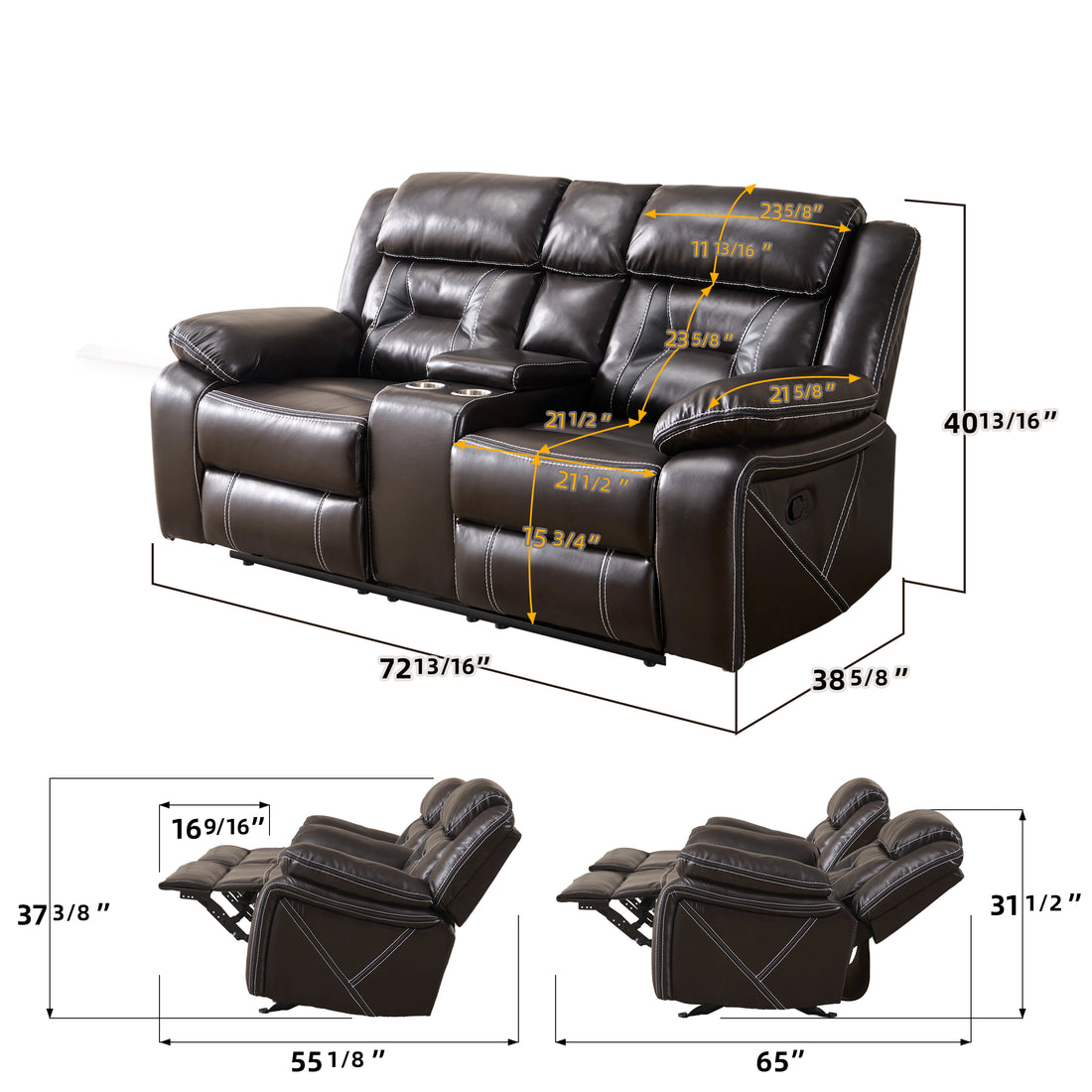 Reclining Upholstered Manual Puller In Faux Leather, Brown 72.83*38.58*40.16 Brown Dining Room Soft Modern Leather 2 Seat