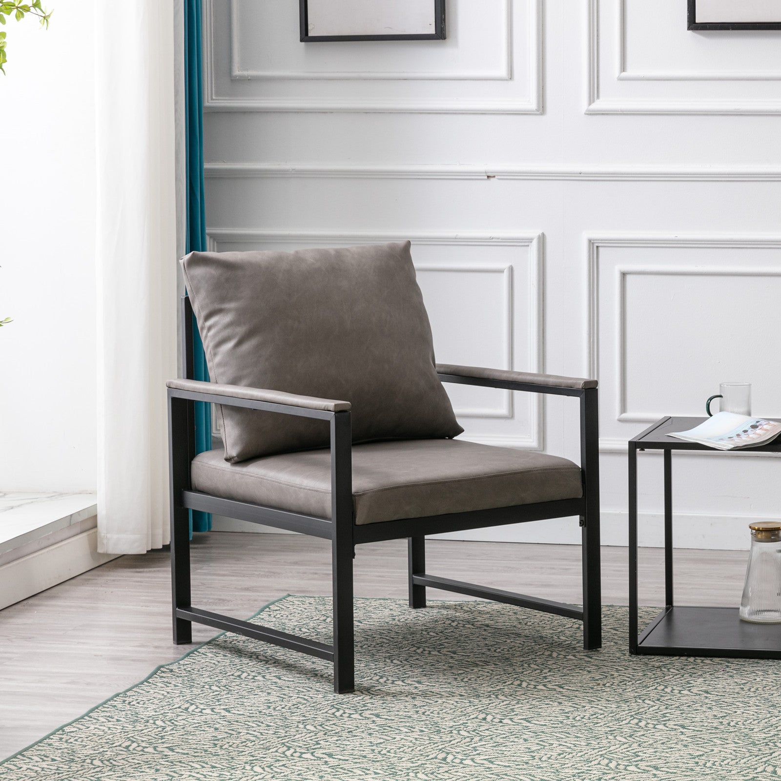 Modern Faux Leather Accent Chair With Black Powder Coated Metal Frame, Single Sofa For Living Room Bedroom, Gray Gray Foam Pu