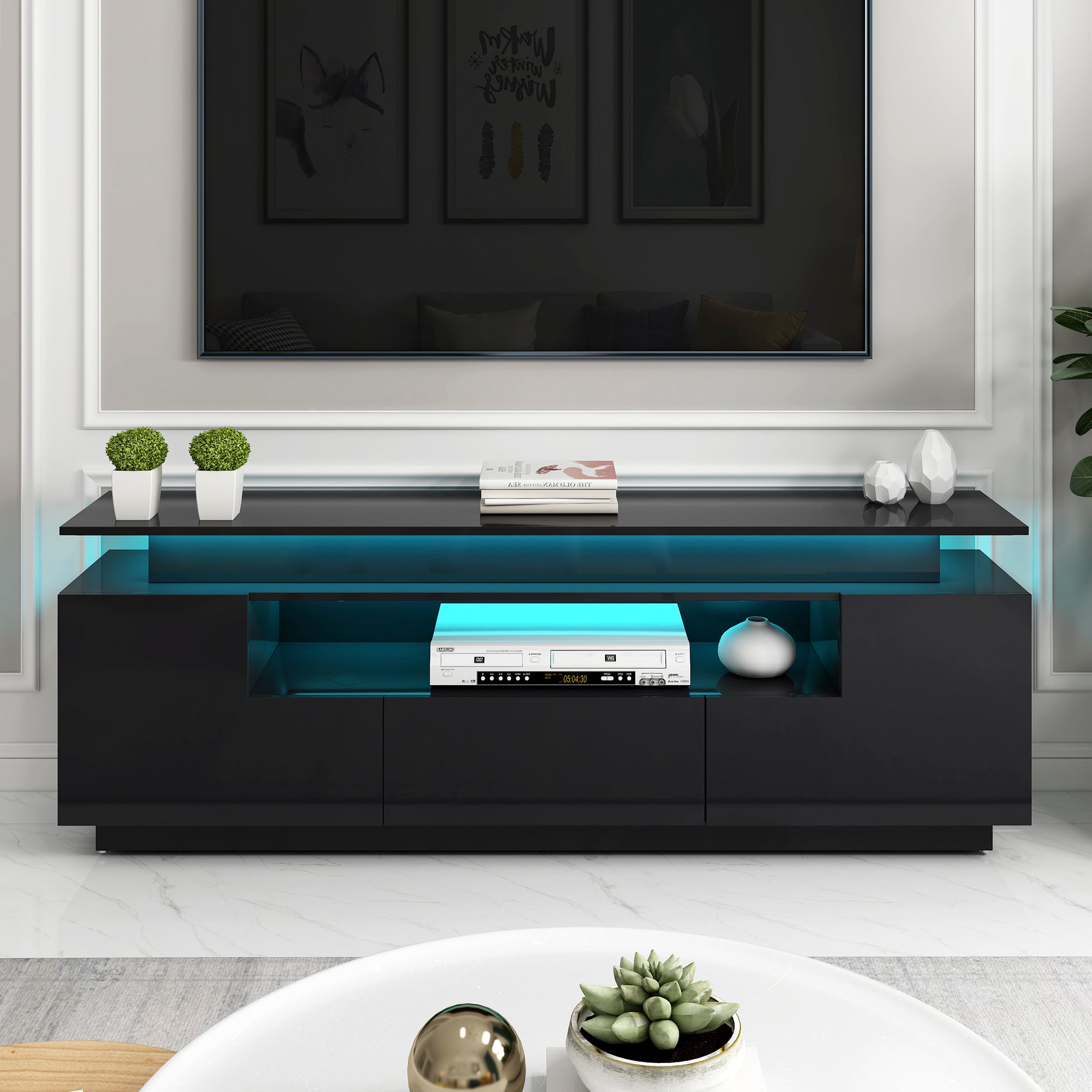 Modern, Stylish Functional Tv Stand With Color Changing Led Lights, Universal Entertainment Center, High Gloss Tv Cabinet For 75 Inch Tv, Black Black Particle Board