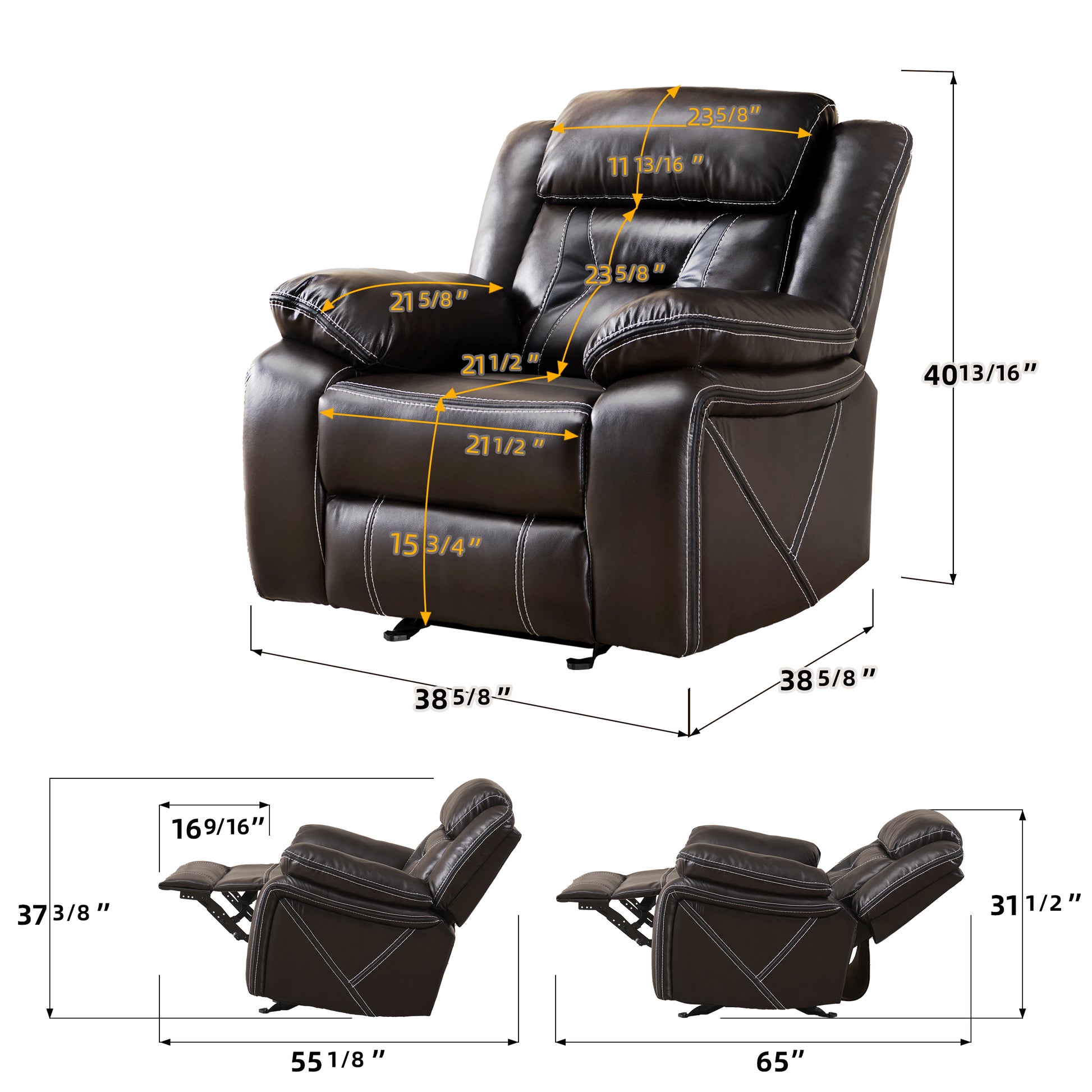 Reclining Upholstered Manual Puller In Faux Leather, Brown 38.58*38.58*40.16 Brown Soft Modern Leather 1 Seat