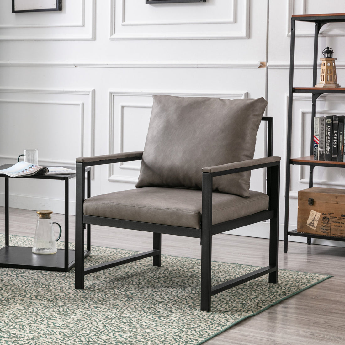 Modern Faux Leather Accent Chair With Black Powder Coated Metal Frame, Single Sofa For Living Room Bedroom, Gray Gray Foam Pu