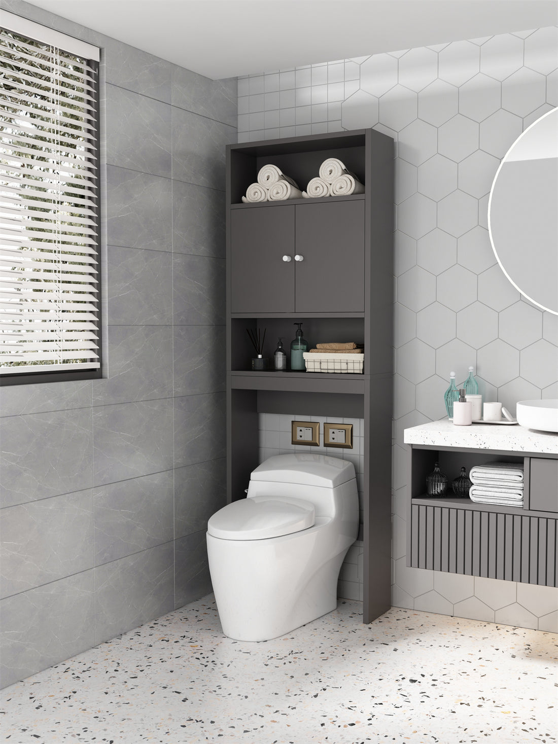 Home Bathroom Shelf Over The Toilet, Bathroom Spacesaver, Bathroom, Tollilet Storage Cabinet, Gray Gray Mdf