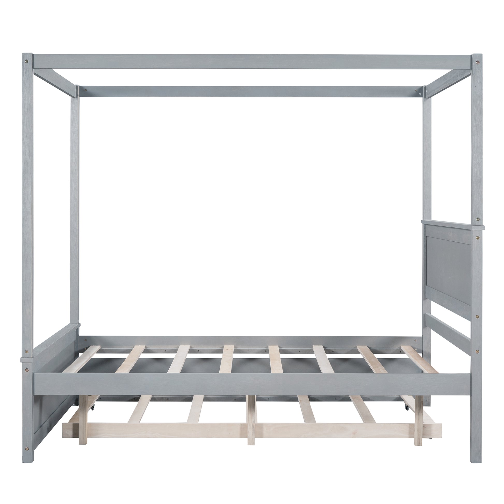 Wood Canopy Bed With Trundle Bed ,Full Size Canopy Platform Bed With Support Slats .No Box Spring Needed, Brushed Gray Gray Solid Wood