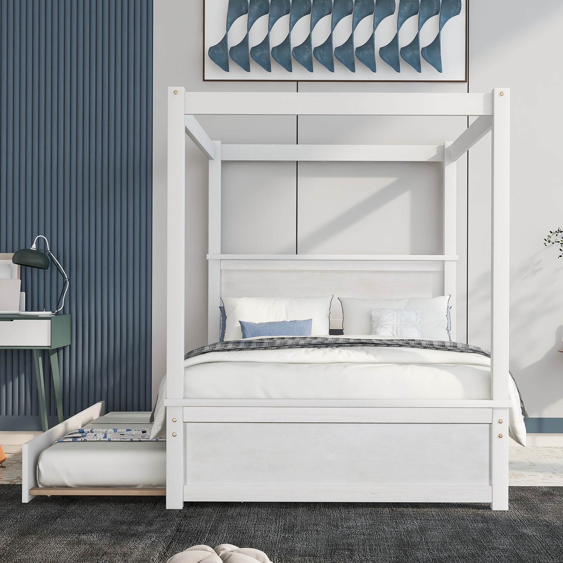 Wood Canopy Bed With Trundle Bed ,Full Size Canopy Platform Bed With Support Slats .No Box Spring Needed, Brushed White White Solid Wood