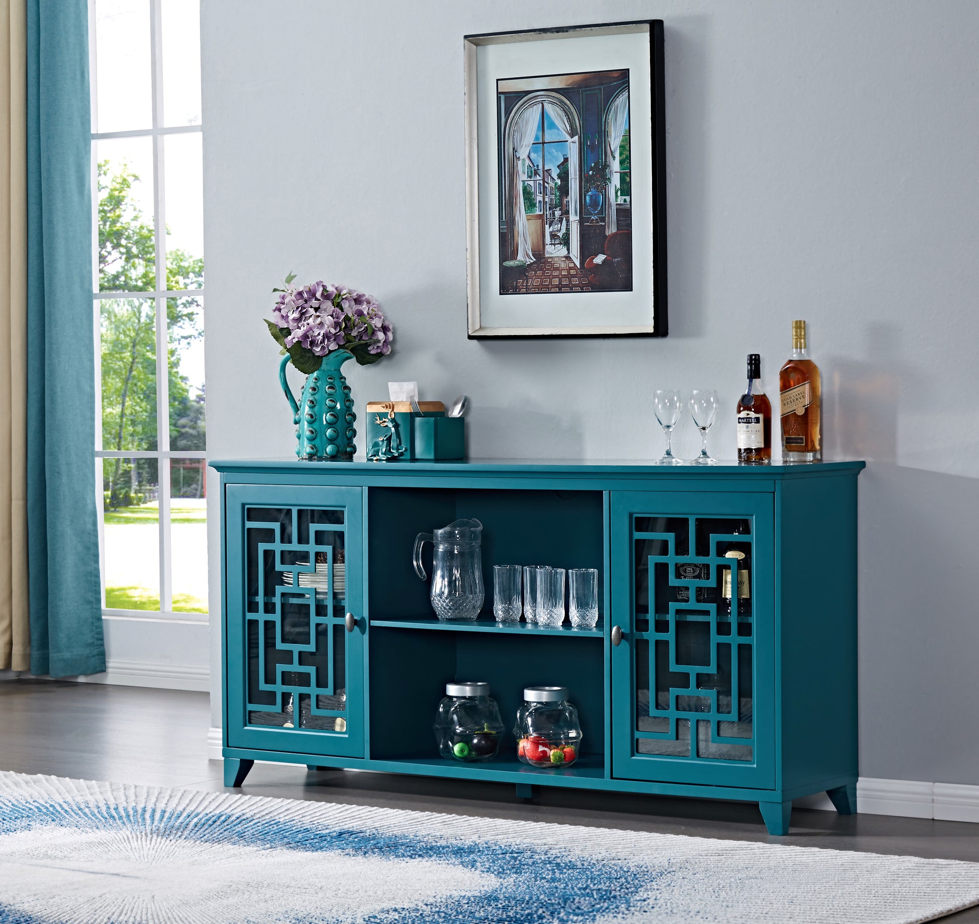 60" Sideboard Buffet Table Storage Cabinet Old Sku:Gsi211203 Teal Blue Primary Living Space Adjustabel Shelves Mdf