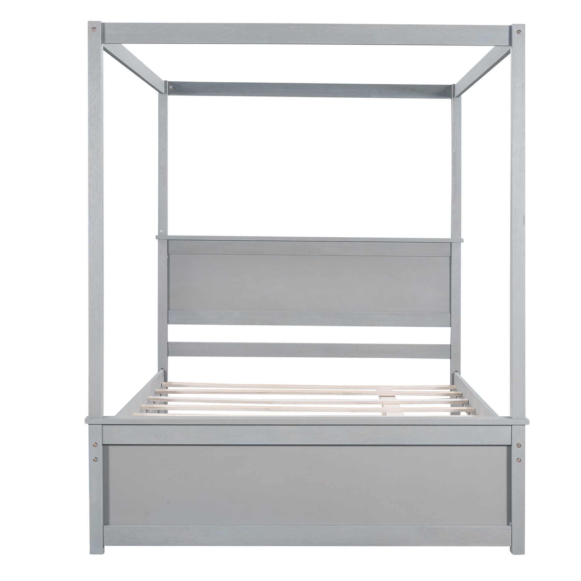 Wood Canopy Bed With Trundle Bed ,Full Size Canopy Platform Bed With Support Slats .No Box Spring Needed, Brushed Gray Gray Solid Wood