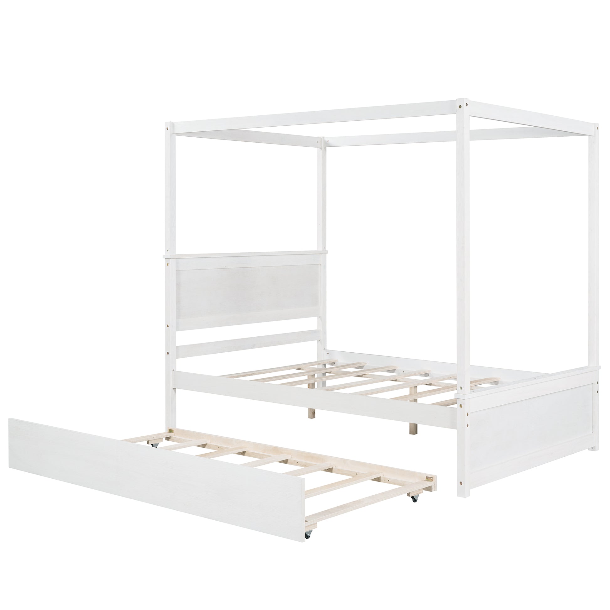 Wood Canopy Bed With Trundle Bed ,Full Size Canopy Platform Bed With Support Slats .No Box Spring Needed, Brushed White White Solid Wood