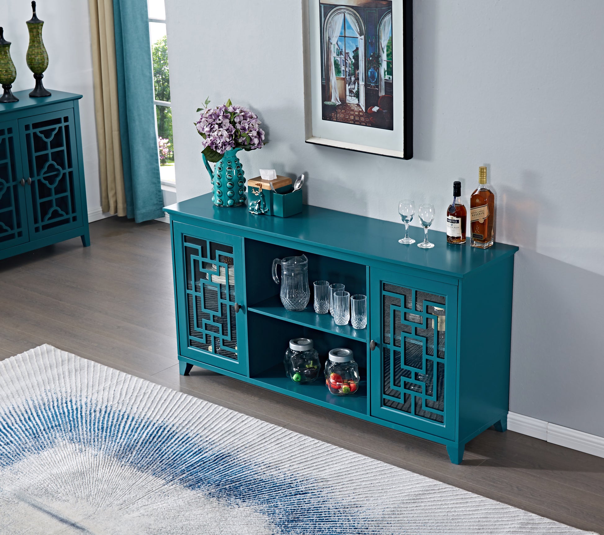 60" Sideboard Buffet Table Storage Cabinet Old Sku:Gsi211203 Teal Blue Primary Living Space Adjustabel Shelves Mdf