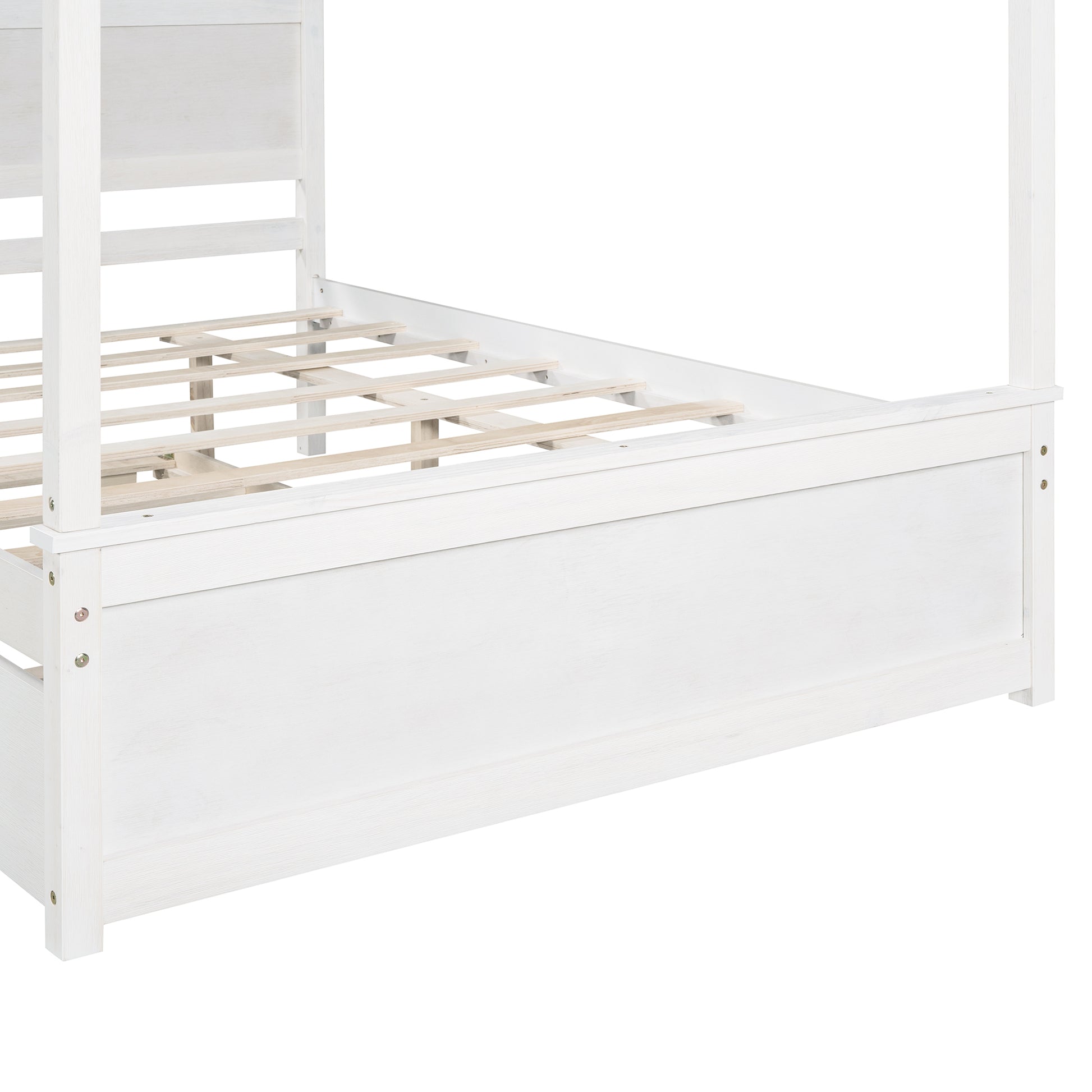 Wood Canopy Bed With Trundle Bed ,Full Size Canopy Platform Bed With Support Slats .No Box Spring Needed, Brushed White White Solid Wood