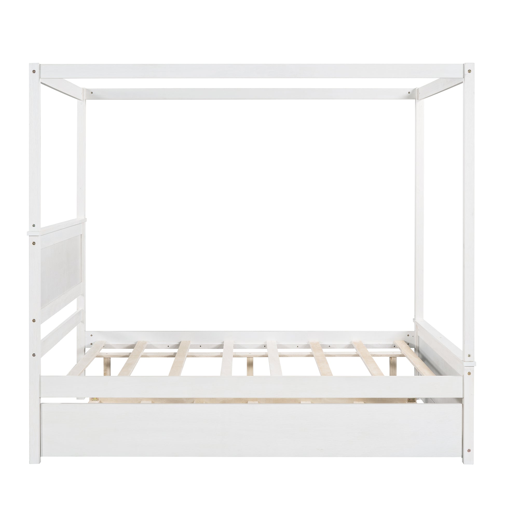 Wood Canopy Bed With Trundle Bed ,Full Size Canopy Platform Bed With Support Slats .No Box Spring Needed, Brushed White White Solid Wood