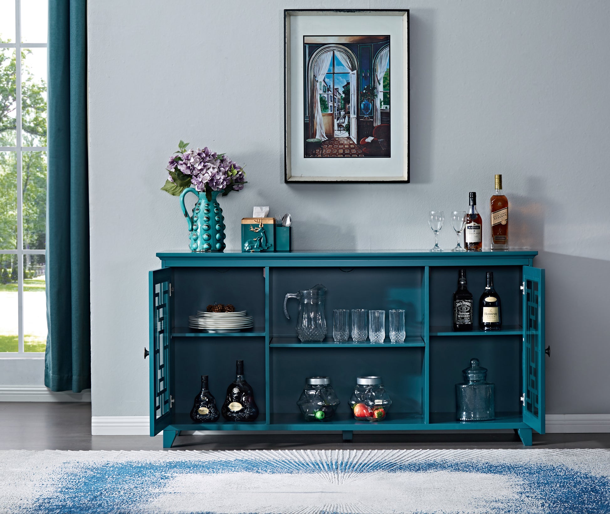 60" Sideboard Buffet Table Storage Cabinet Old Sku:Gsi211203 Teal Blue Primary Living Space Adjustabel Shelves Mdf