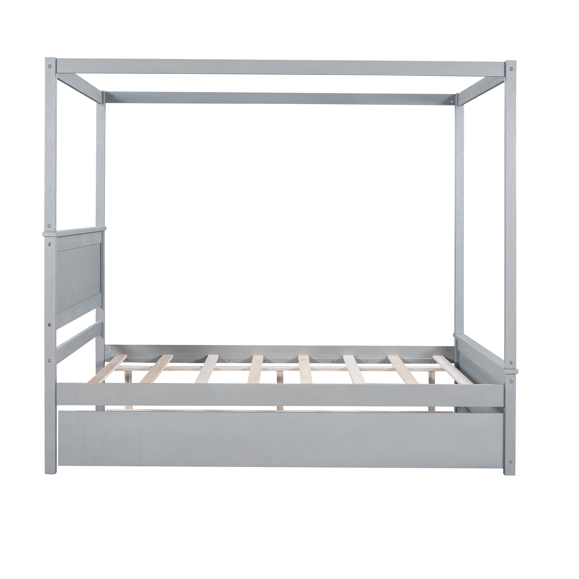 Wood Canopy Bed With Trundle Bed ,Full Size Canopy Platform Bed With Support Slats .No Box Spring Needed, Brushed Gray Gray Solid Wood