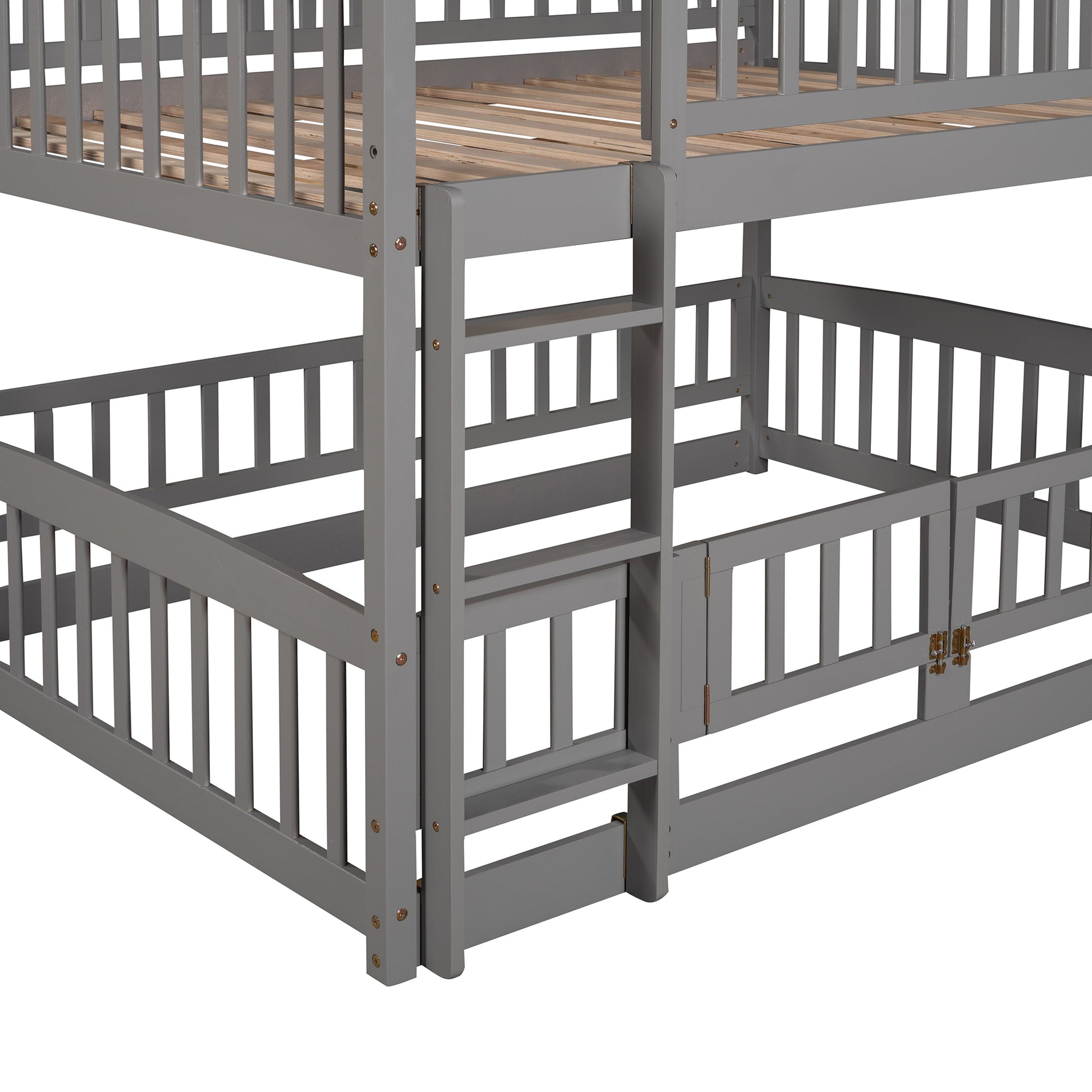 Bunk Bed With Slide,Full Over Full Low Bunk Bed With Fence And Ladder For Toddler Kids Teens Gray Gray Solid Wood