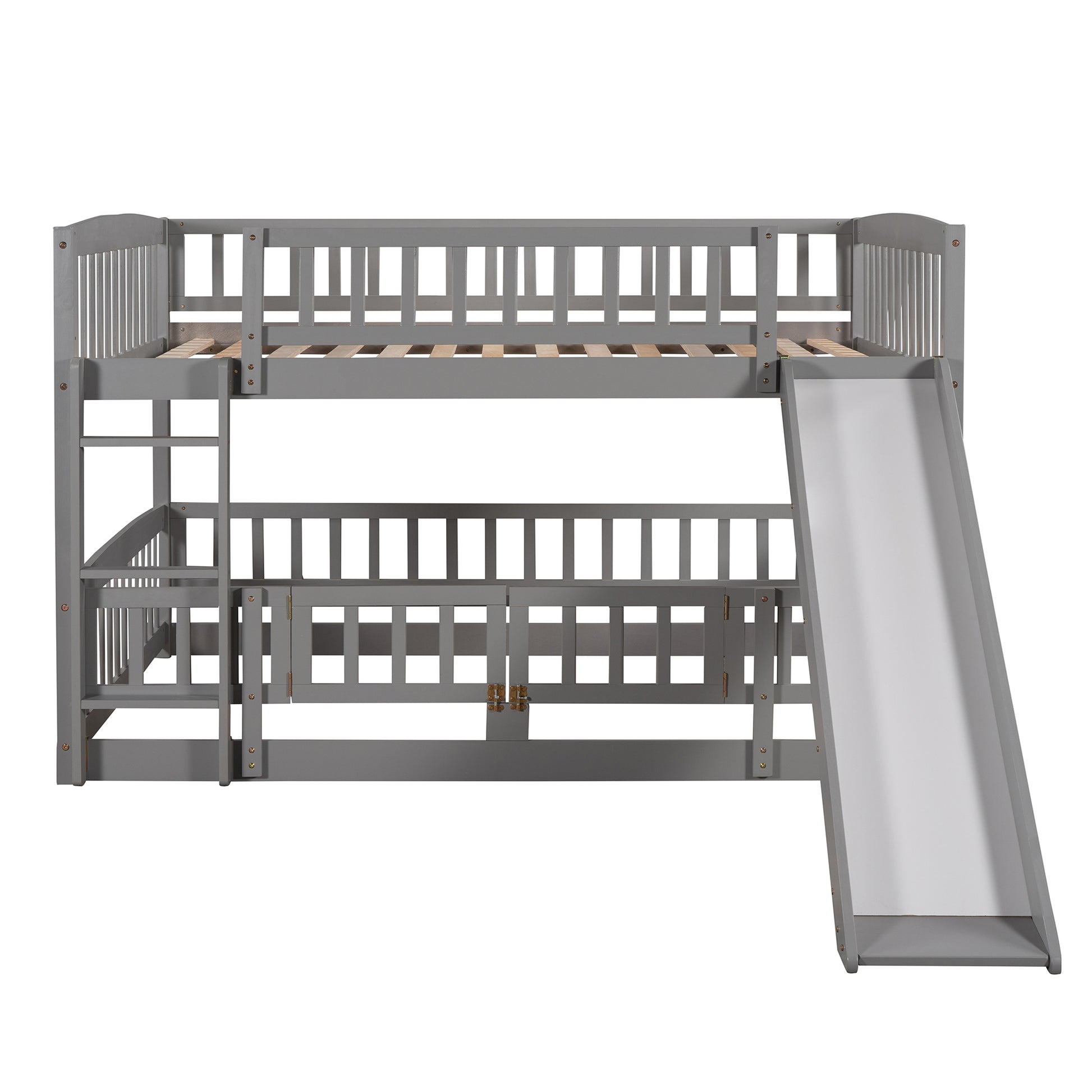 Bunk Bed With Slide,Full Over Full Low Bunk Bed With Fence And Ladder For Toddler Kids Teens Gray Gray Solid Wood