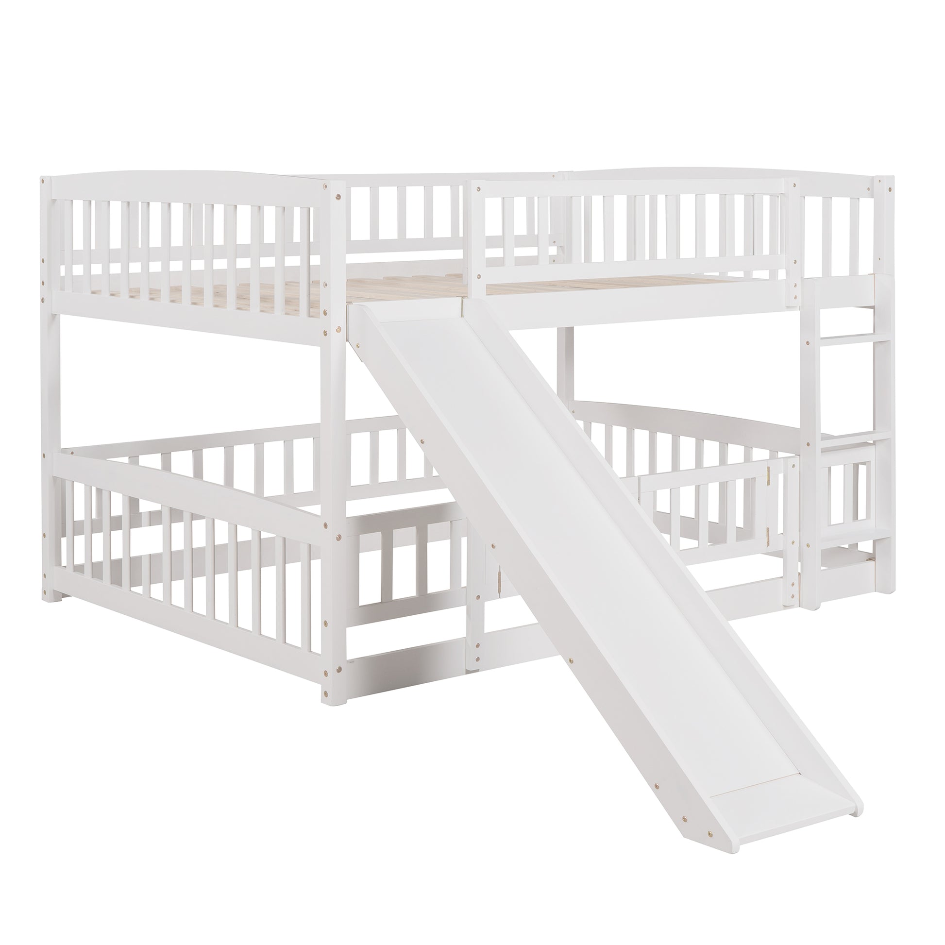 Bunk Bed With Slide,Full Over Full Low Bunk Bed With Fence And Ladder For Toddler Kids Teens White White Solid Wood