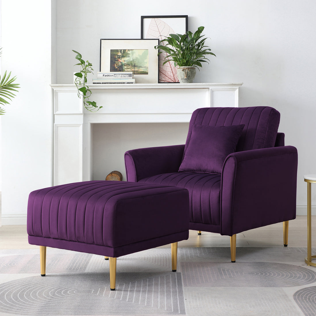 Accent Chair With Ottoman, Modern Tub Arm Chair Footstool Set For Living Room Bedroom, Golden Finished Legs, Purple Velvet Purple Foam Velvet