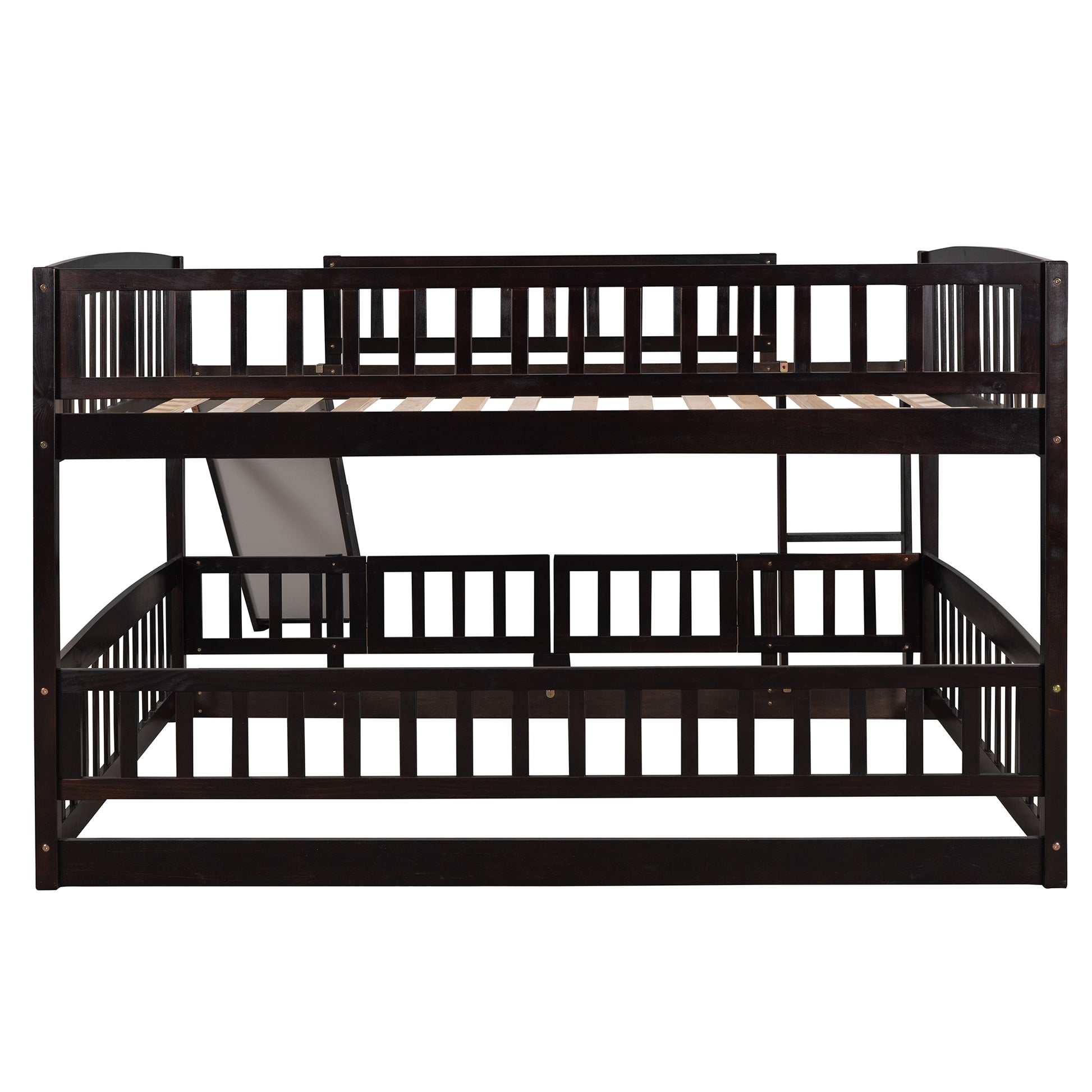 Bunk Bed With Slide,Full Over Full Low Bunk Bed With Fence And Ladder For Toddler Kids Teens Espresso Espresso Solid Wood