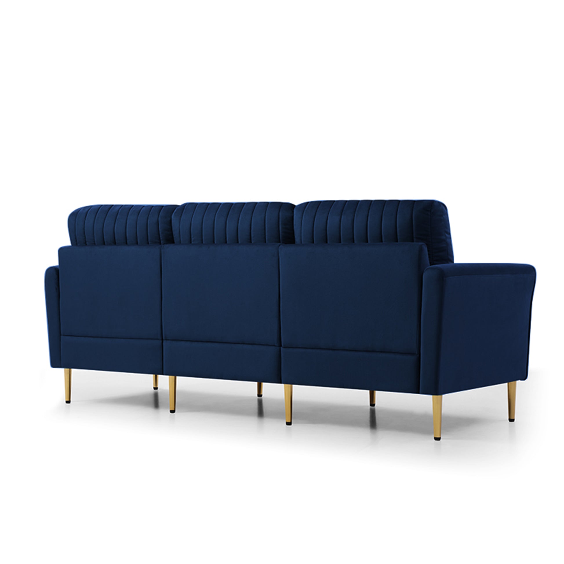 81.9" Navy Blue Velvet Channel Tufted Upholstered 3 Seater Sofa Scrolled Arms With 3 Pillows Blue Foam Velvet