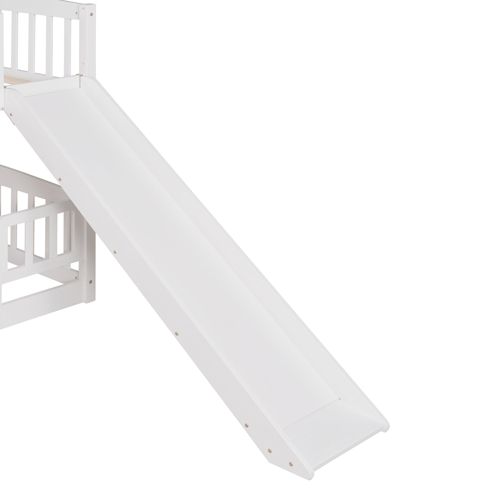 Bunk Bed With Slide,Full Over Full Low Bunk Bed With Fence And Ladder For Toddler Kids Teens White White Solid Wood