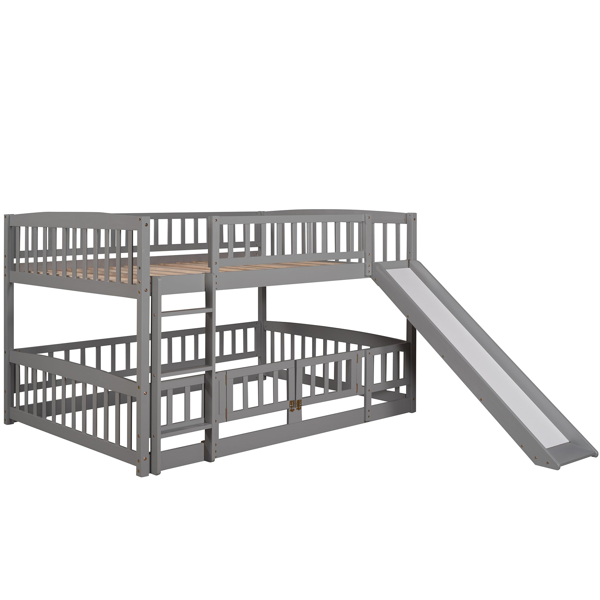 Bunk Bed With Slide,Full Over Full Low Bunk Bed With Fence And Ladder For Toddler Kids Teens Gray Gray Solid Wood