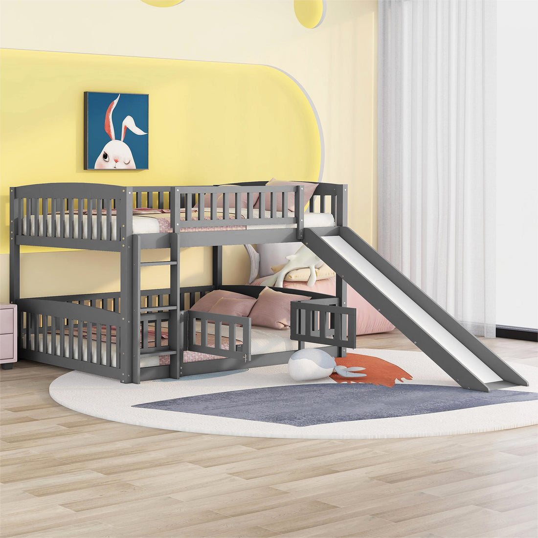 Bunk Bed With Slide,Full Over Full Low Bunk Bed With Fence And Ladder For Toddler Kids Teens Gray Gray Solid Wood