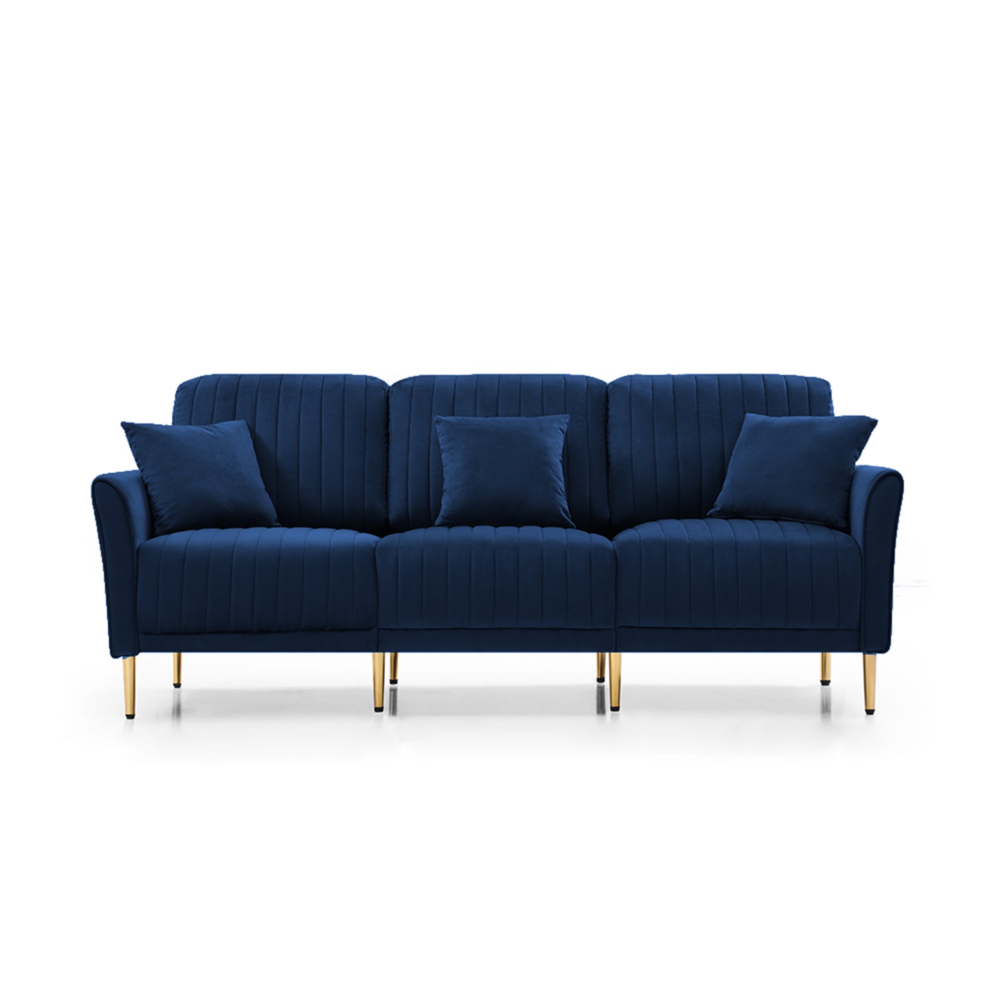 81.9" Navy Blue Velvet Channel Tufted Upholstered 3 Seater Sofa Scrolled Arms With 3 Pillows Blue Foam Velvet