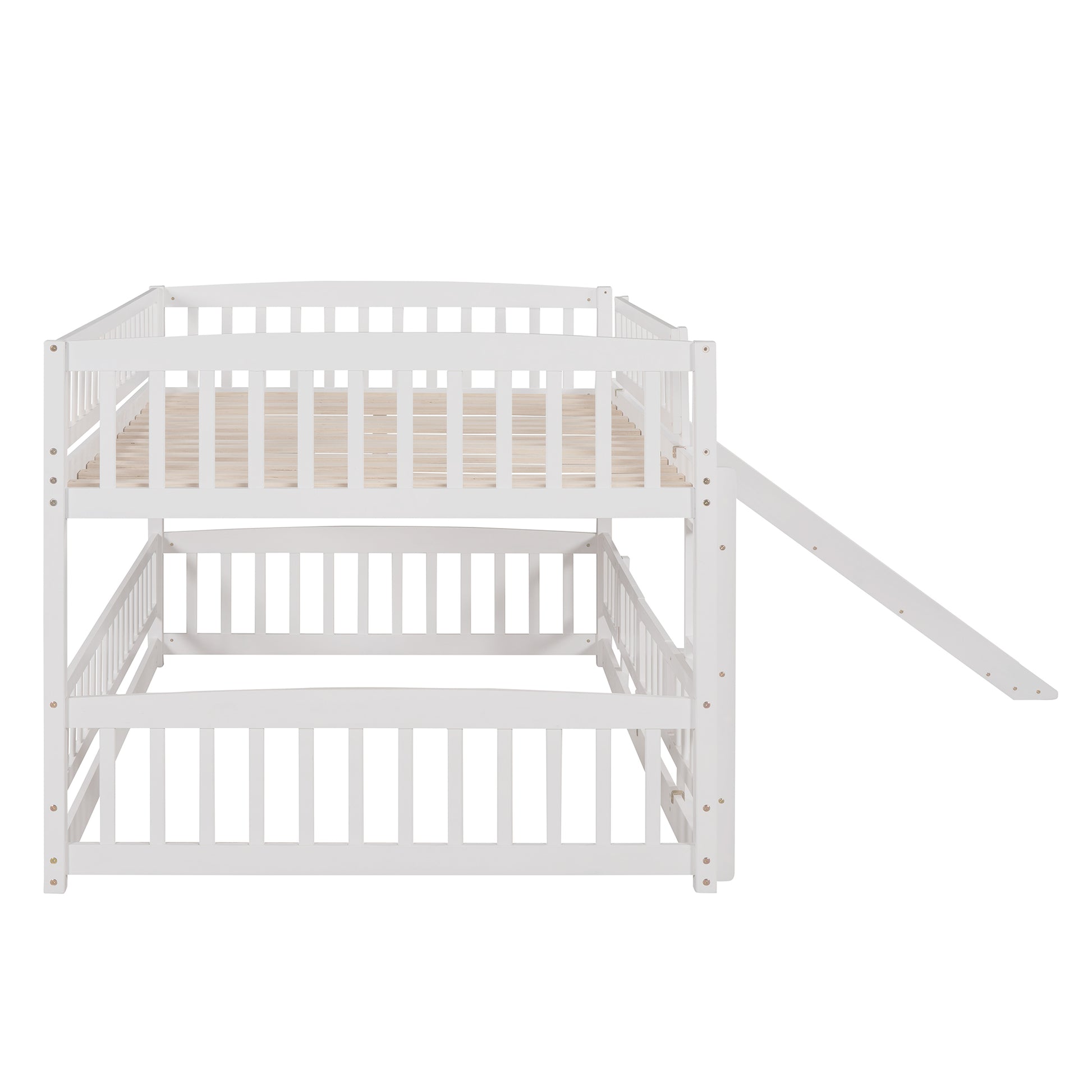 Bunk Bed With Slide,Full Over Full Low Bunk Bed With Fence And Ladder For Toddler Kids Teens White White Solid Wood