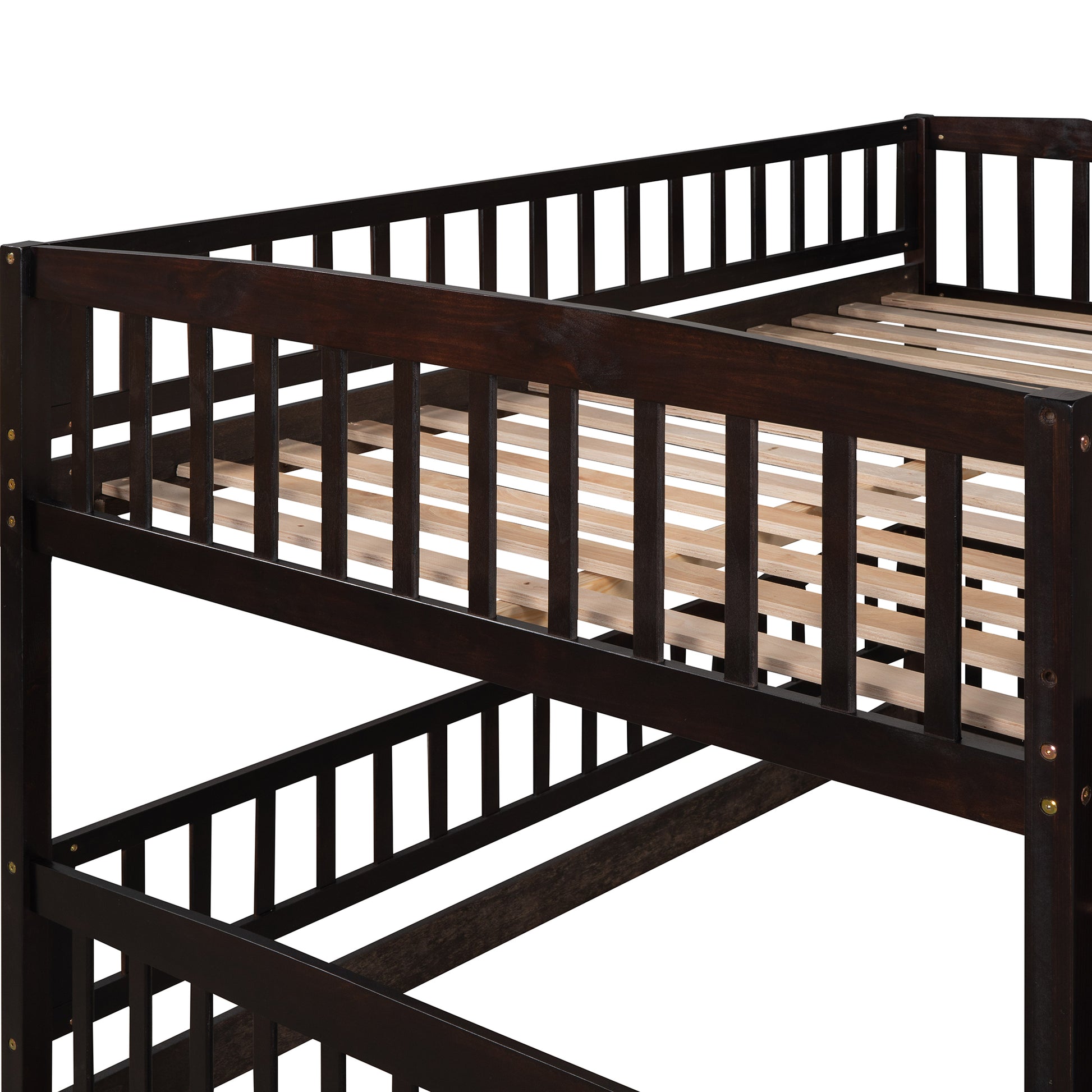 Bunk Bed With Slide,Full Over Full Low Bunk Bed With Fence And Ladder For Toddler Kids Teens Espresso Espresso Solid Wood