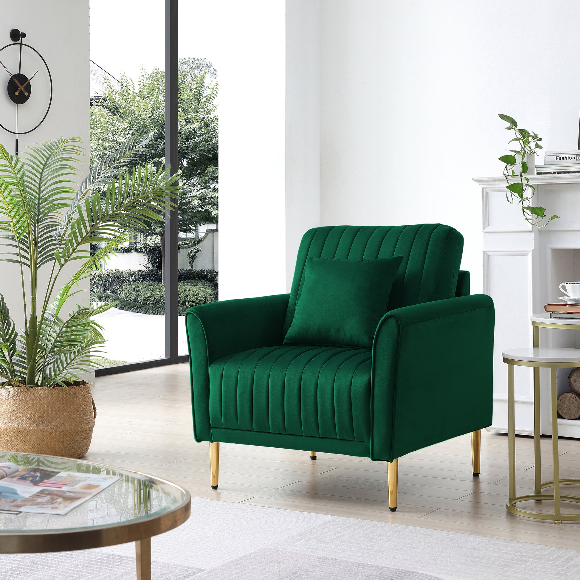 Channel Tufted Green Velvet Singel Living Room Sofa Accent Chair Green Foam Velvet