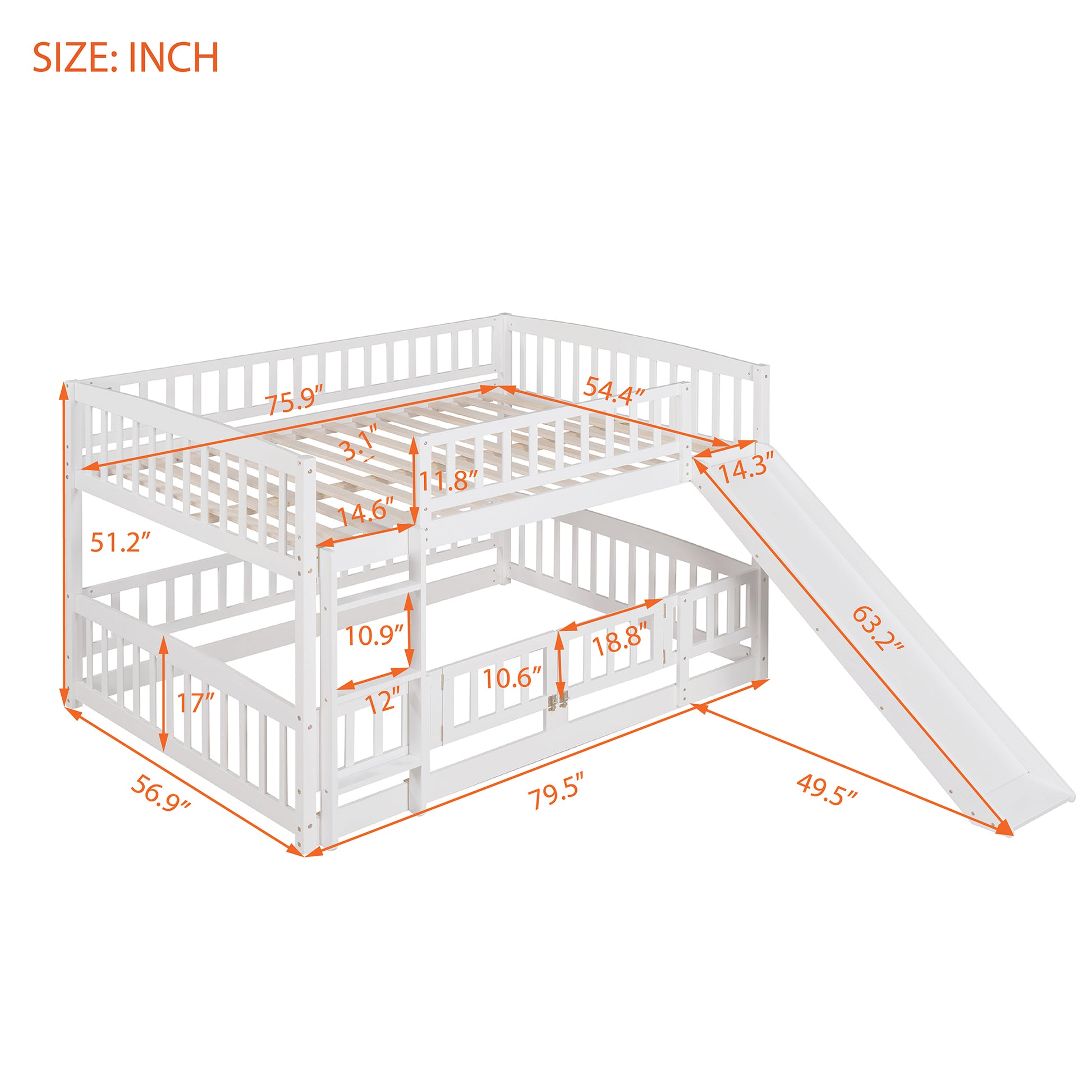 Bunk Bed With Slide,Full Over Full Low Bunk Bed With Fence And Ladder For Toddler Kids Teens White White Solid Wood