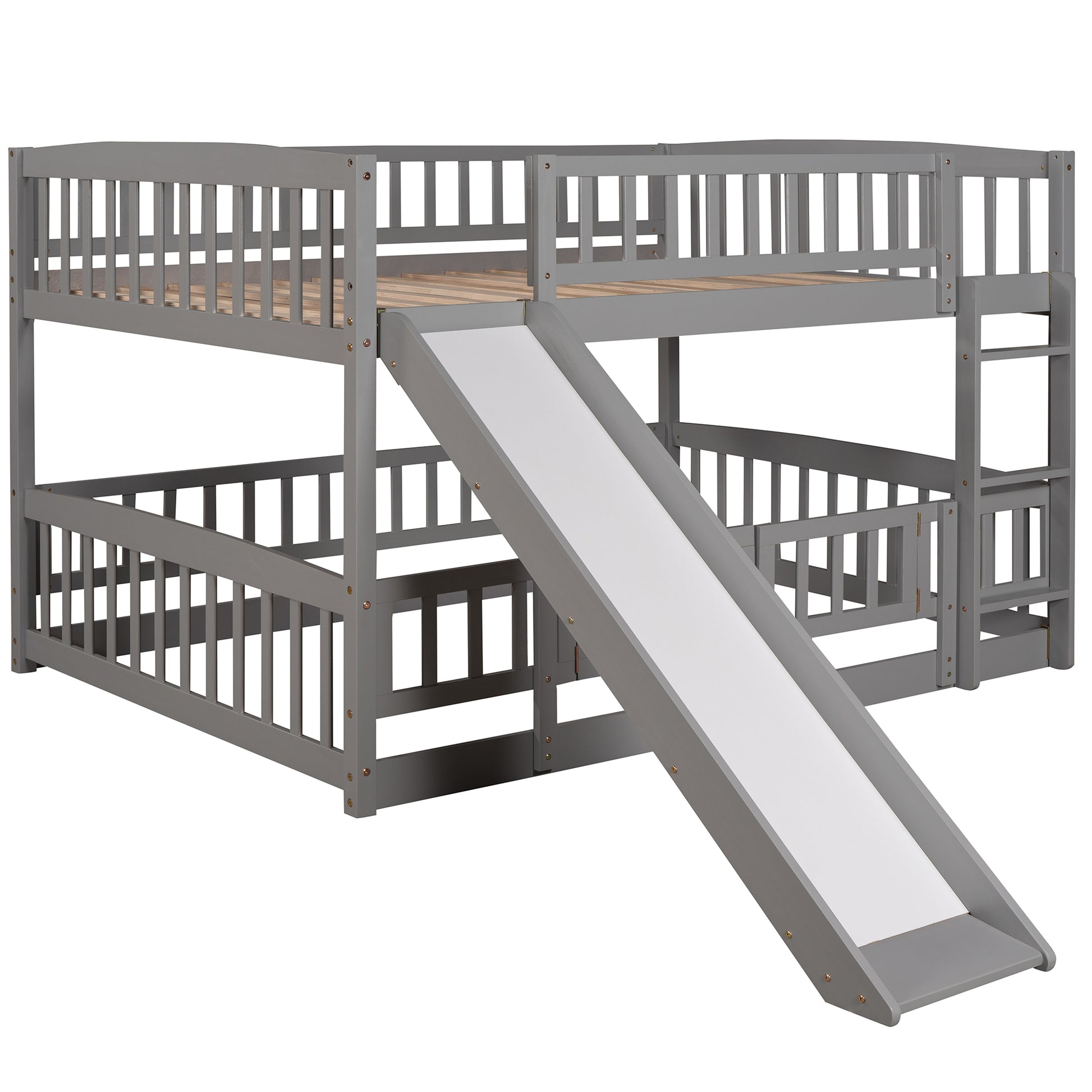 Bunk Bed With Slide,Full Over Full Low Bunk Bed With Fence And Ladder For Toddler Kids Teens Gray Gray Solid Wood