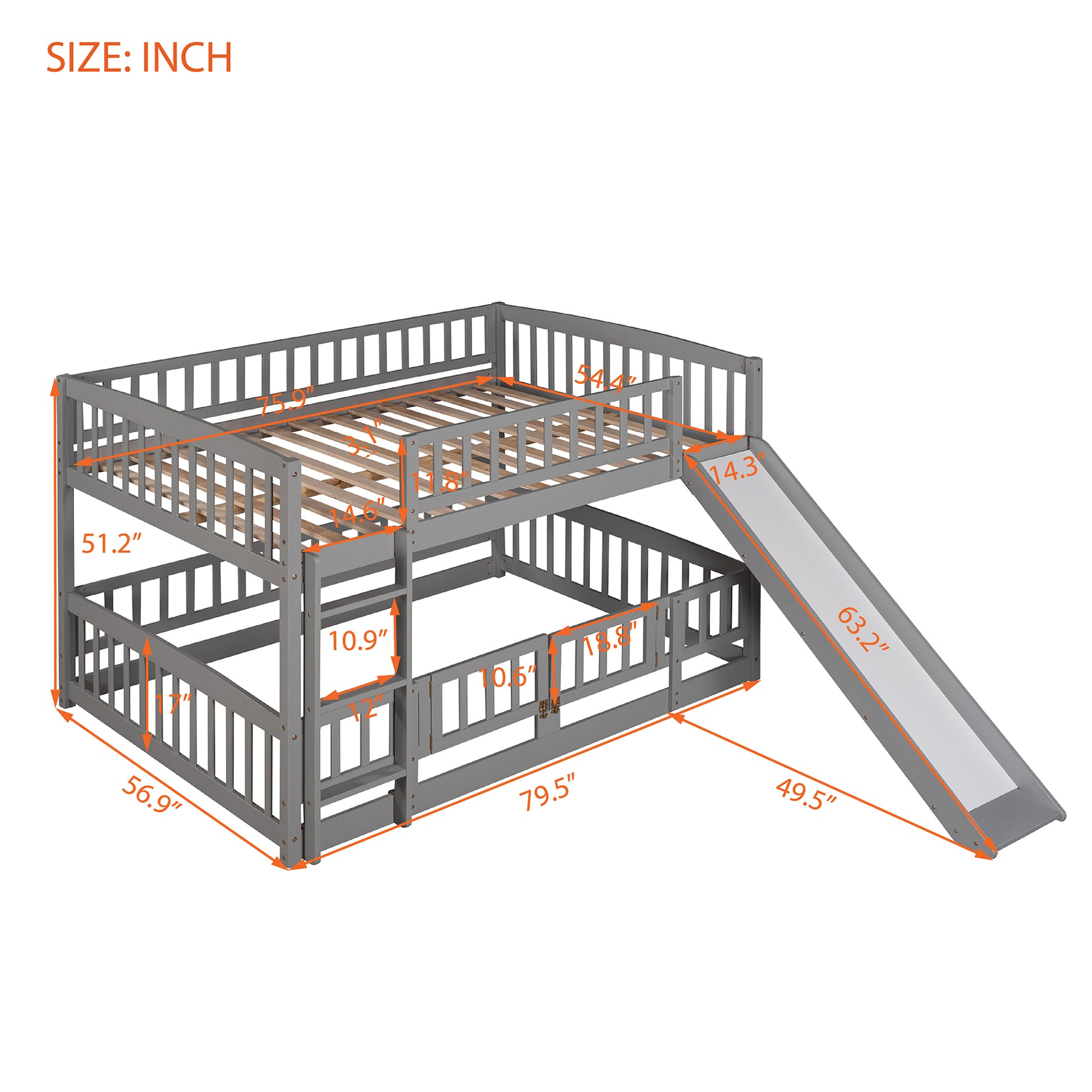 Bunk Bed With Slide,Full Over Full Low Bunk Bed With Fence And Ladder For Toddler Kids Teens Gray Gray Solid Wood