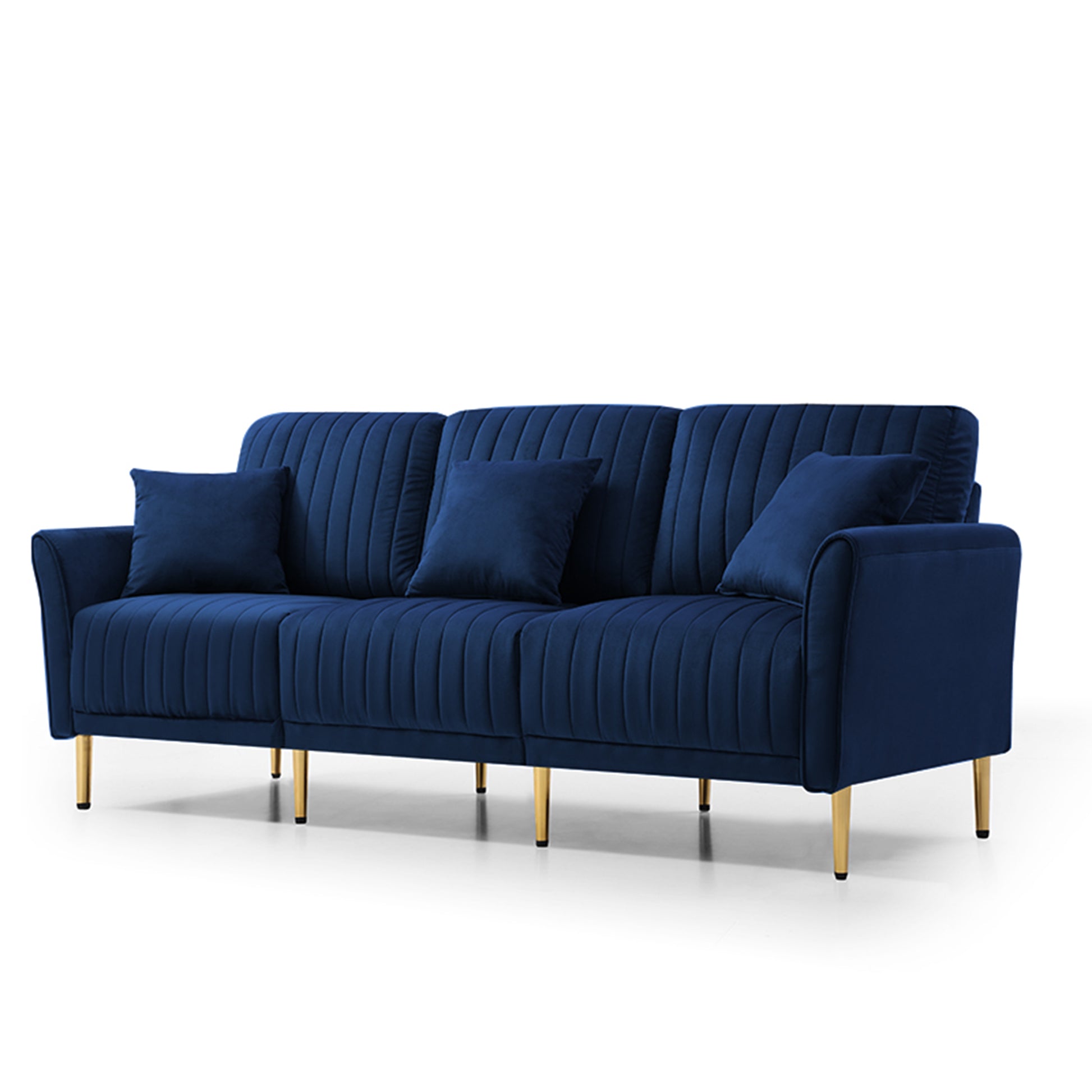 81.9" Navy Blue Velvet Channel Tufted Upholstered 3 Seater Sofa Scrolled Arms With 3 Pillows Blue Foam Velvet