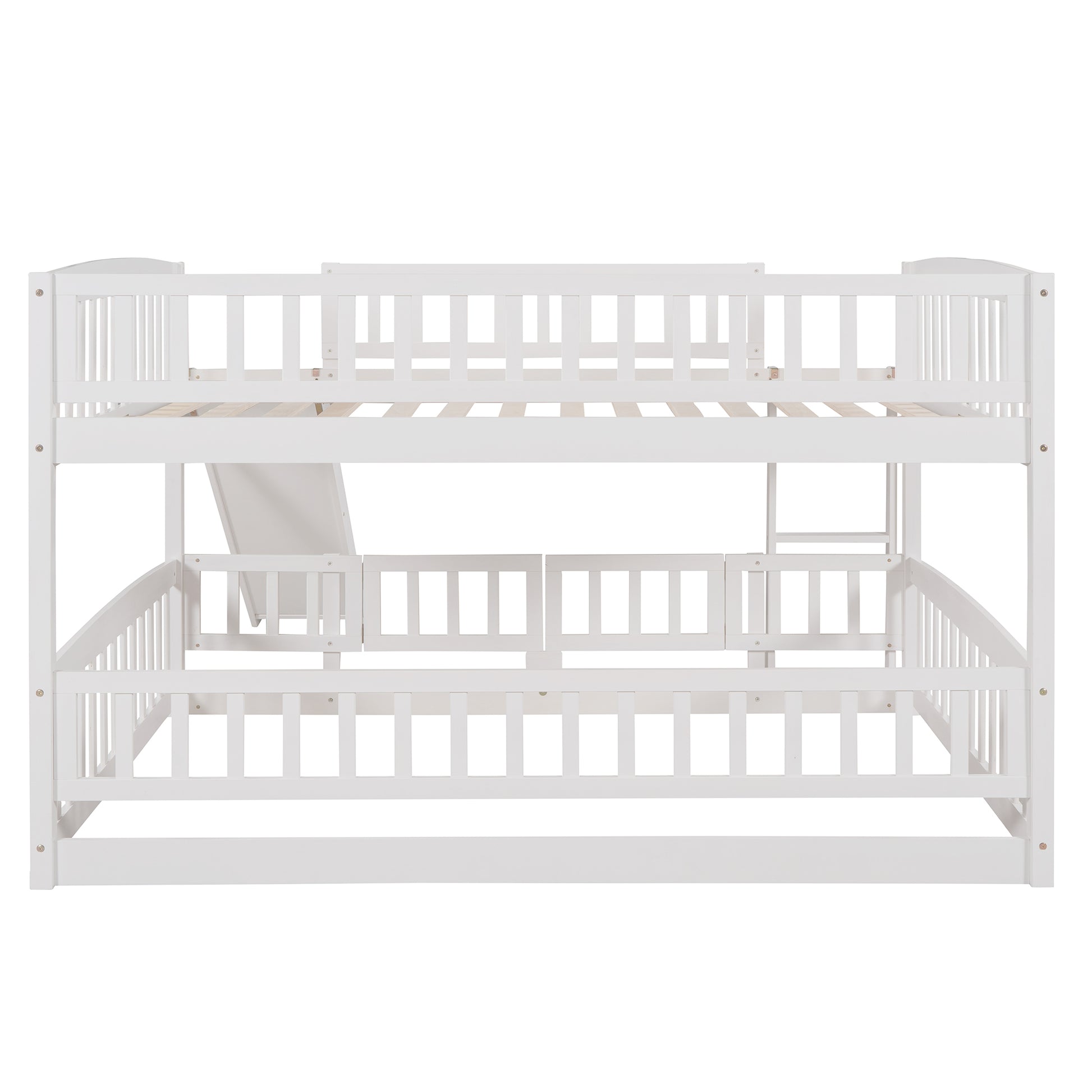 Bunk Bed With Slide,Full Over Full Low Bunk Bed With Fence And Ladder For Toddler Kids Teens White White Solid Wood