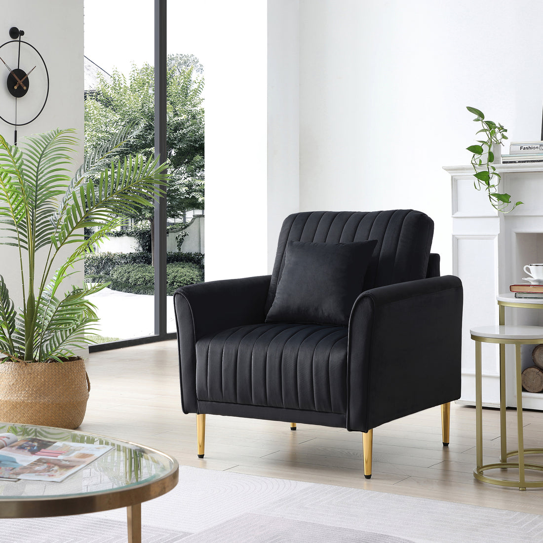 Modern Black Velvet Accent Chair Upholstered Living Room Arm Chairs Comfy Single Sofa Chair Black Foam Velvet