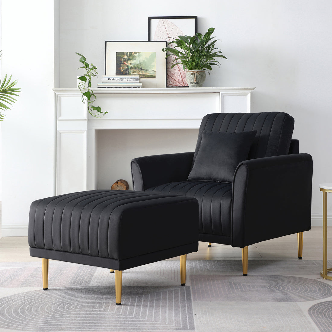 Black Velvet Armchair With Ottoman Single Sofa Chair And Ottoman Set, Comfy Reading Chair Leisure Lounging Chair For Living Room Bedroom Home Office Black Foam Velvet