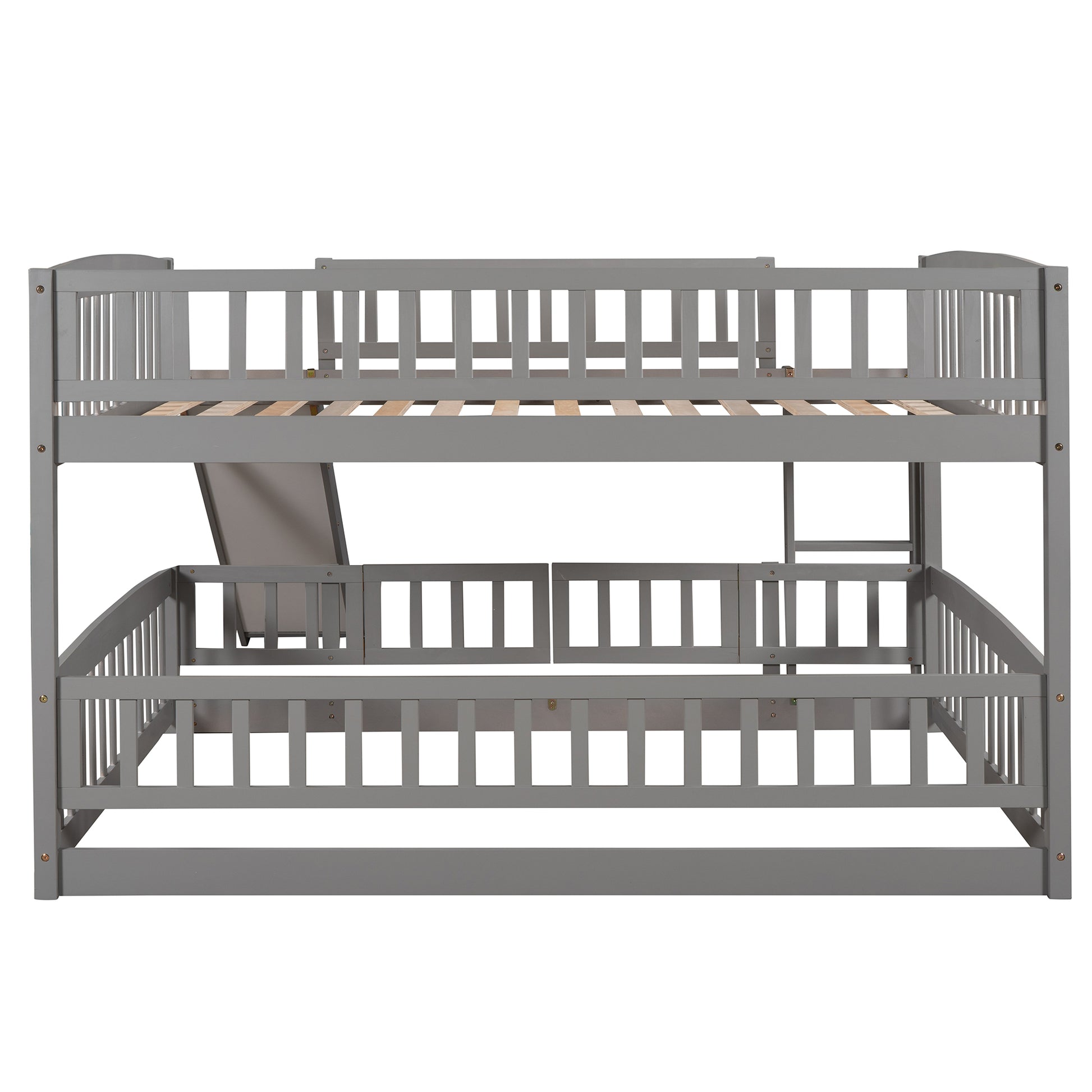 Bunk Bed With Slide,Full Over Full Low Bunk Bed With Fence And Ladder For Toddler Kids Teens Gray Gray Solid Wood