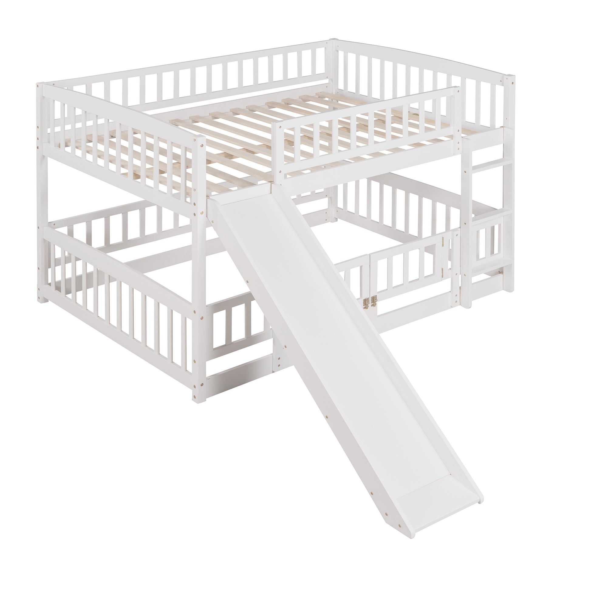 Bunk Bed With Slide,Full Over Full Low Bunk Bed With Fence And Ladder For Toddler Kids Teens White White Solid Wood