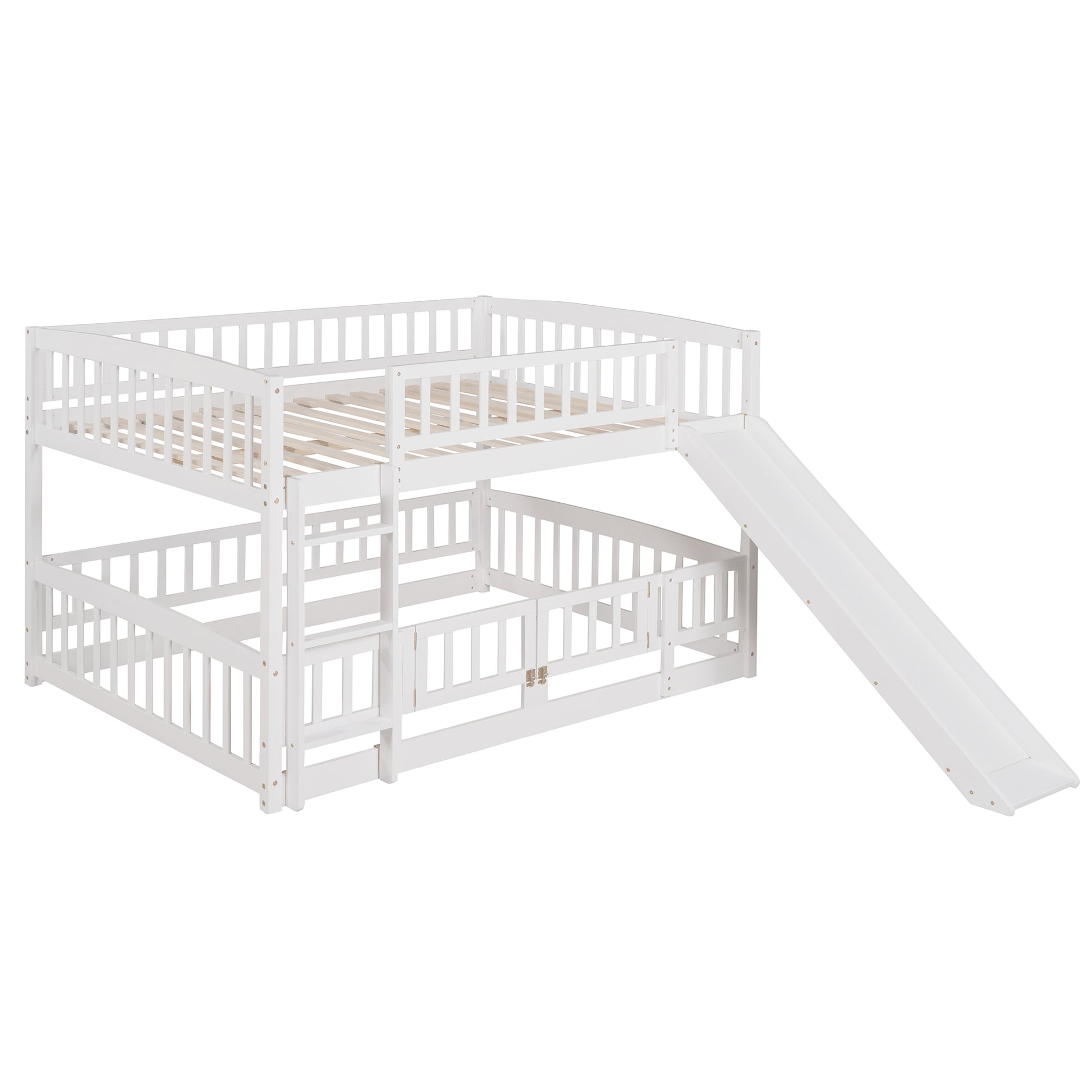 Bunk Bed With Slide,Full Over Full Low Bunk Bed With Fence And Ladder For Toddler Kids Teens White White Solid Wood