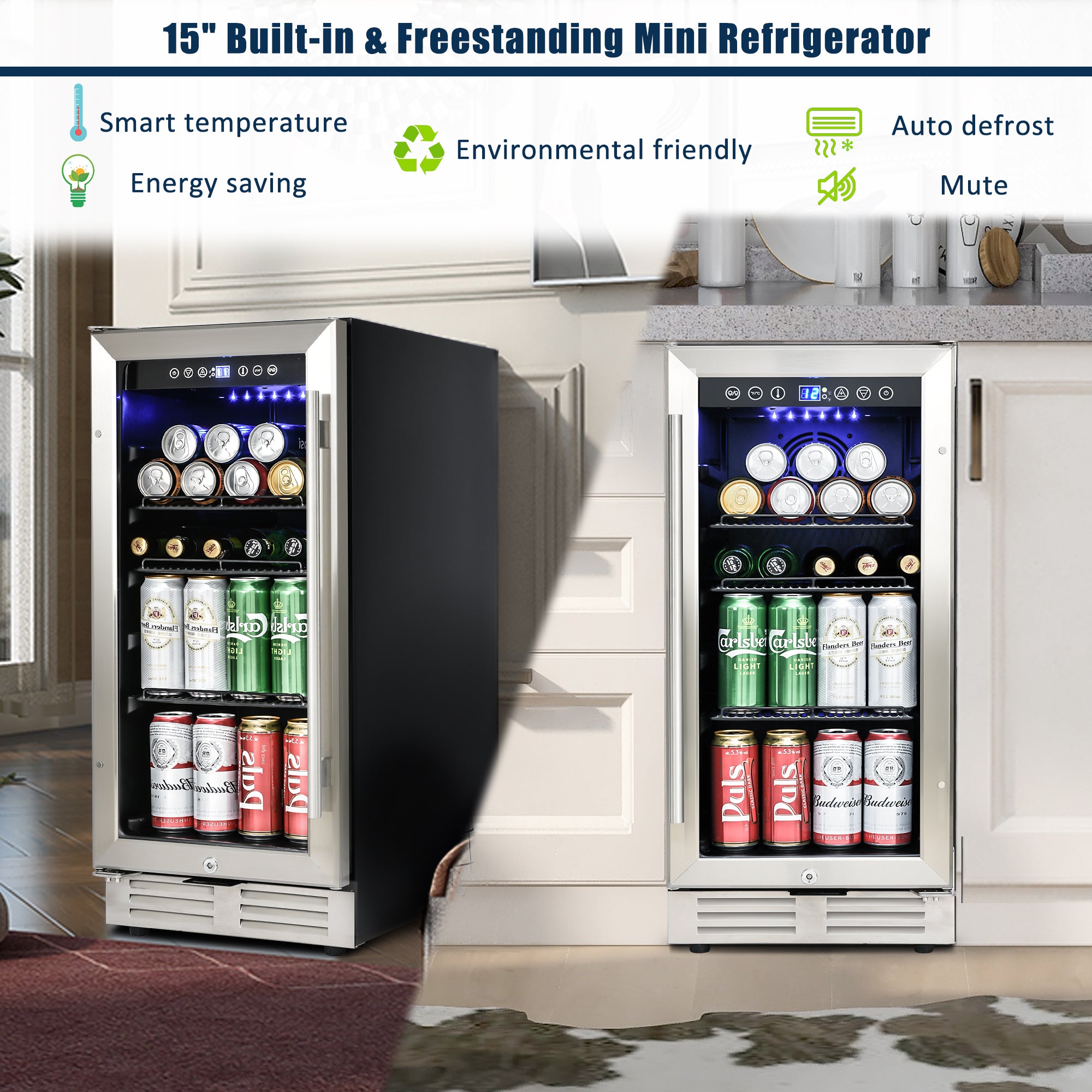 Built In And Freestanding 15" Mini Beverage Refrigerator Wine Cabinet, 120 Cans, 37 65 F, Quiet, Adjustable Shelves, Led Lighting, Etltouch Controls, Defrost, Double Glass Door, Kitchen Bar Office Black And Silver Steel Stainless Steel