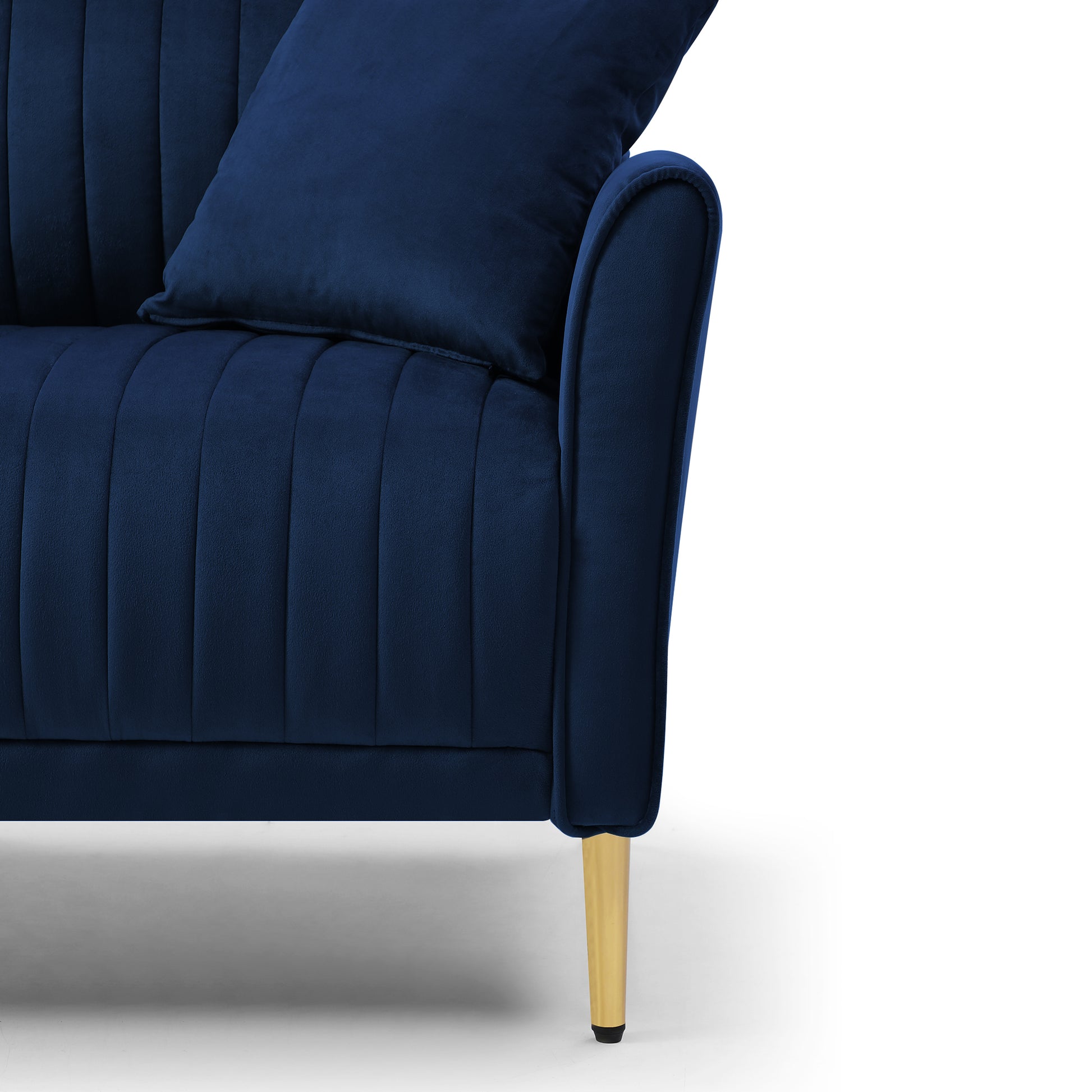 81.9" Navy Blue Velvet Channel Tufted Upholstered 3 Seater Sofa Scrolled Arms With 3 Pillows Blue Foam Velvet