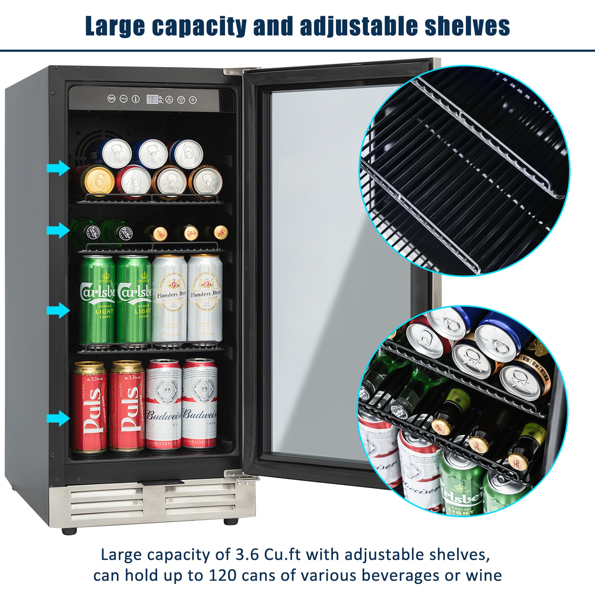 Built In And Freestanding 15" Mini Beverage Refrigerator Wine Cabinet, 120 Cans, 37 65 F, Quiet, Adjustable Shelves, Led Lighting, Etltouch Controls, Defrost, Double Glass Door, Kitchen Bar Office Black And Silver Steel Stainless Steel