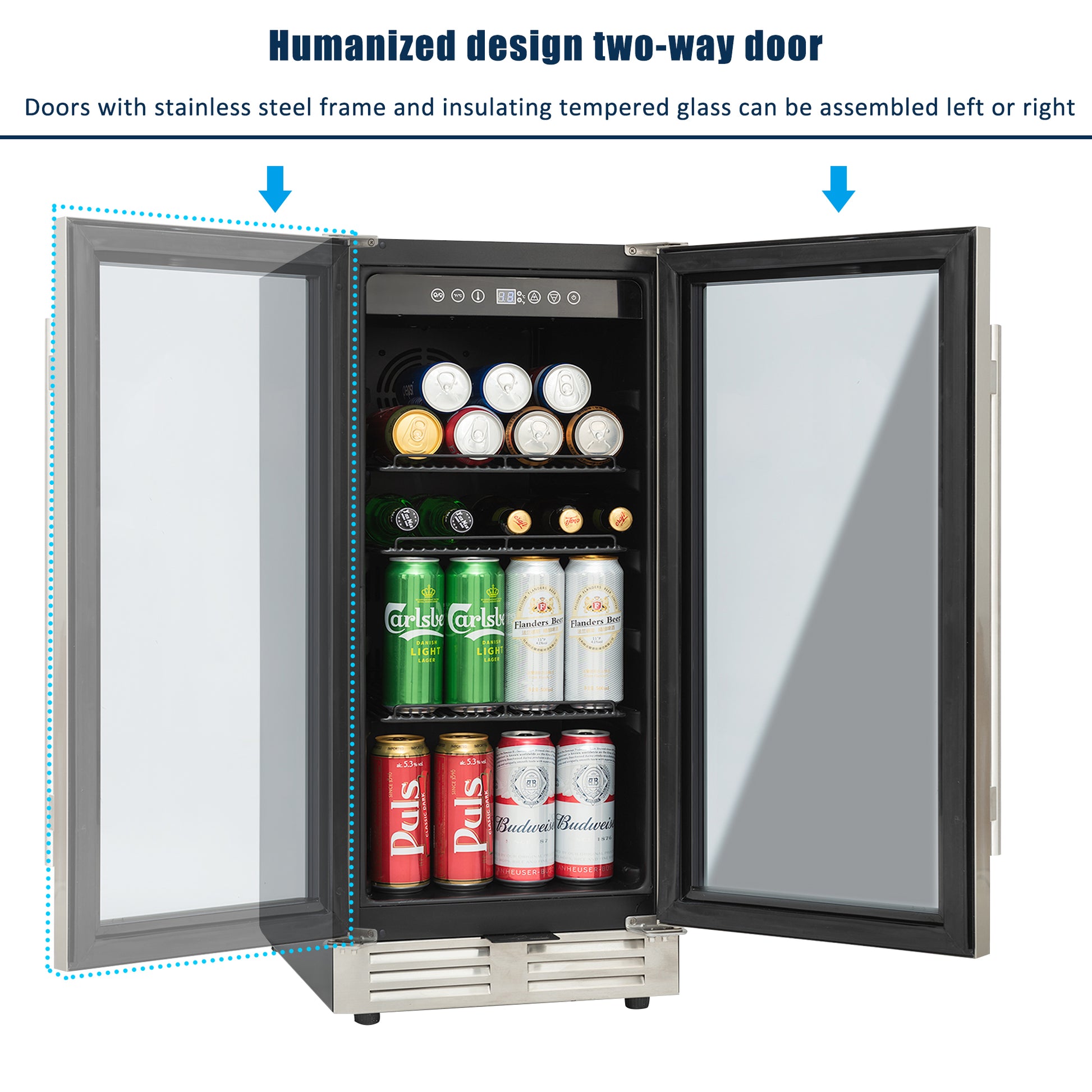 Built In And Freestanding 15" Mini Beverage Refrigerator Wine Cabinet, 120 Cans, 37 65 F, Quiet, Adjustable Shelves, Led Lighting, Etltouch Controls, Defrost, Double Glass Door, Kitchen Bar Office Black And Silver Steel Stainless Steel