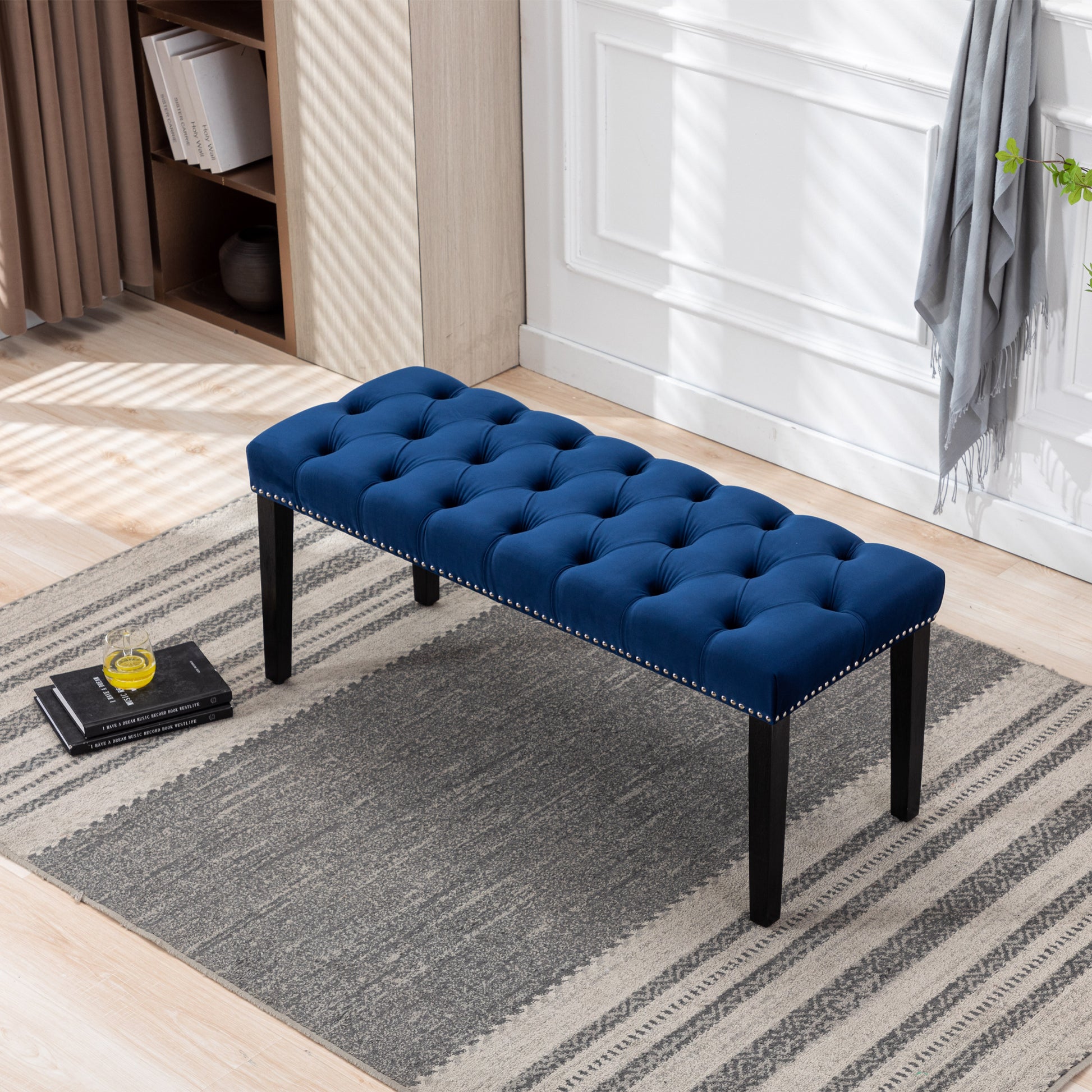 Heng Ming Upholstered Tufted Bench Ottomanvelvet Dining Bench Bedroom Bench Footrest Stool Accent Bench For Entryway Dining Room Living Room, Blue Blue Velvet