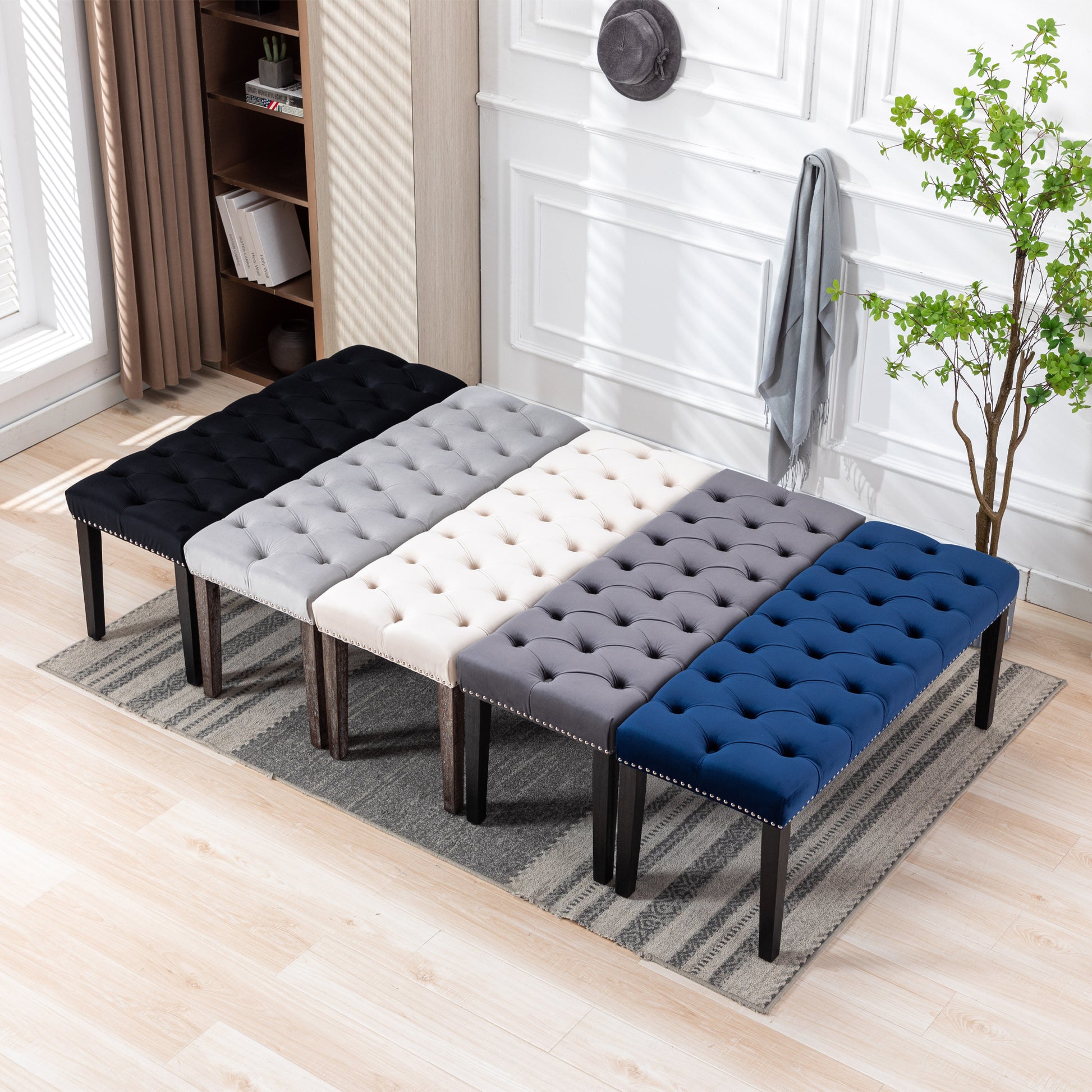 Heng Ming Upholstered Tufted Bench Ottomanvelvet Dining Bench Bedroom Bench Footrest Stool Accent Bench For Entryway Dining Room Living Room, Black Black Velvet