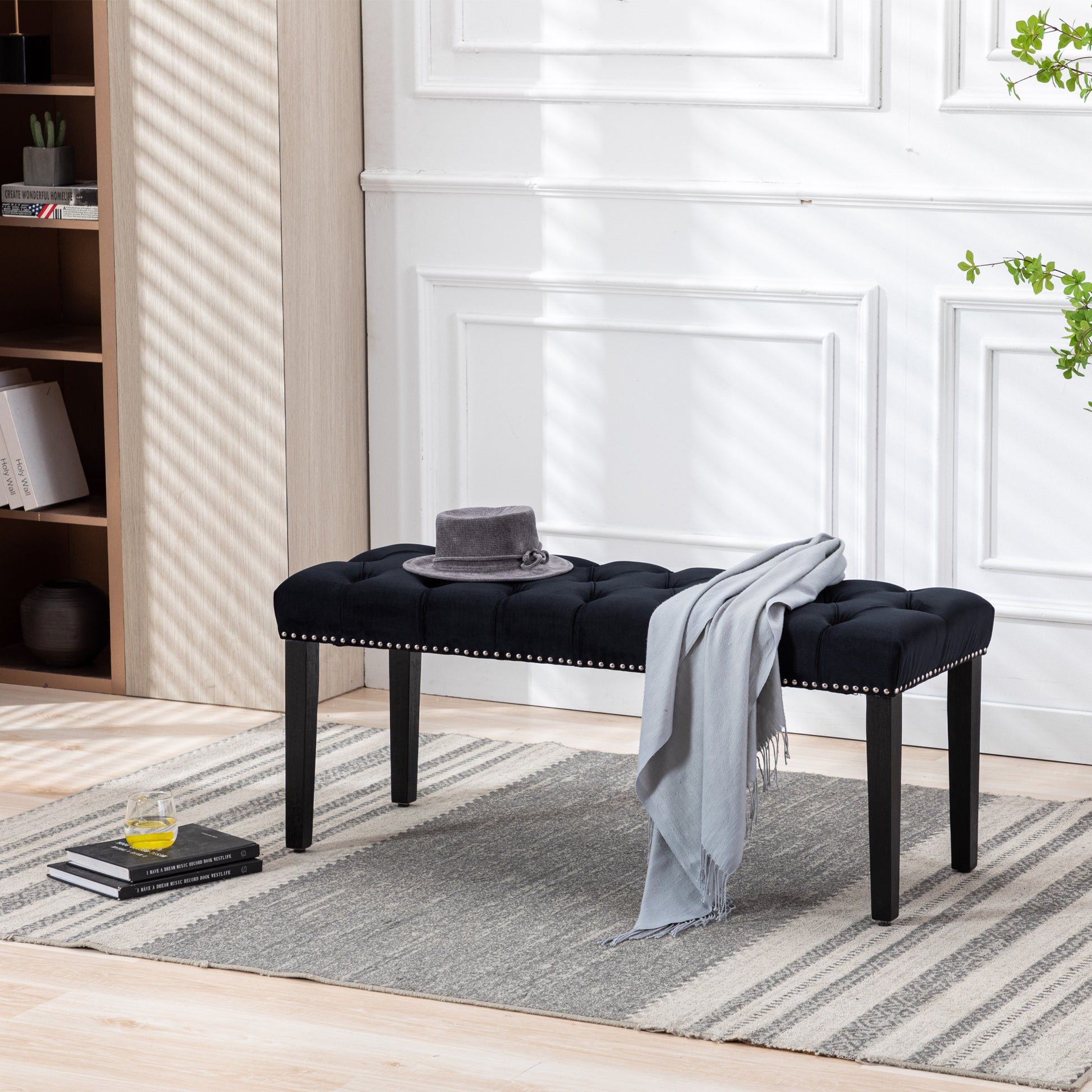 Heng Ming Upholstered Tufted Bench Ottomanvelvet Dining Bench Bedroom Bench Footrest Stool Accent Bench For Entryway Dining Room Living Room, Black Black Velvet