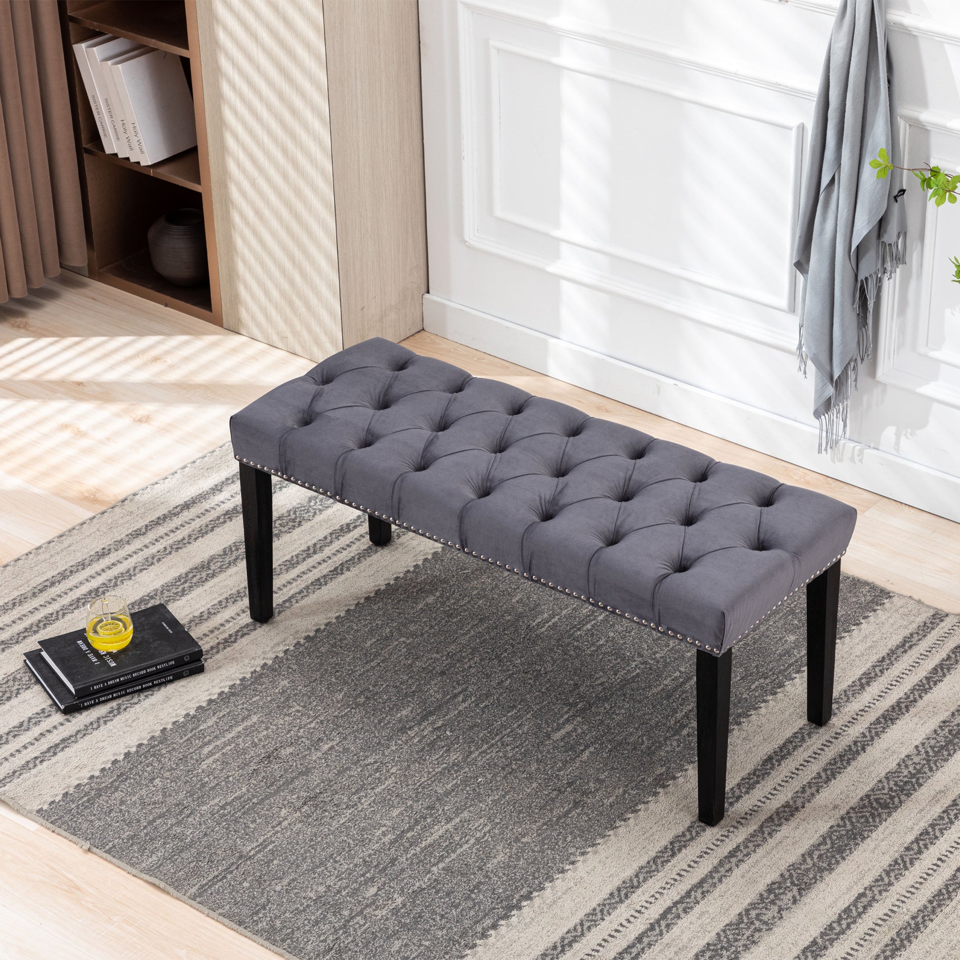 Heng Ming Upholstered Tufted Bench Ottomanvelvet Dining Bench Bedroom Bench Footrest Stool Accent Bench For Entryway Dining Room Living Room, Dark Gray Dark Gray Velvet