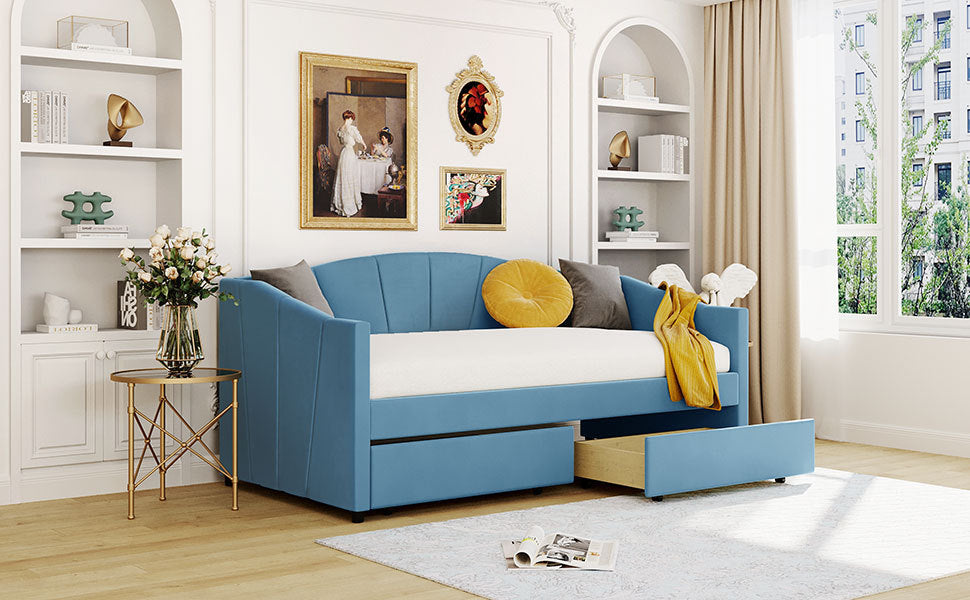 Upholstered Daybed Twin Size With Two Drawers And Wood Slat ,Blue Blue Upholstered